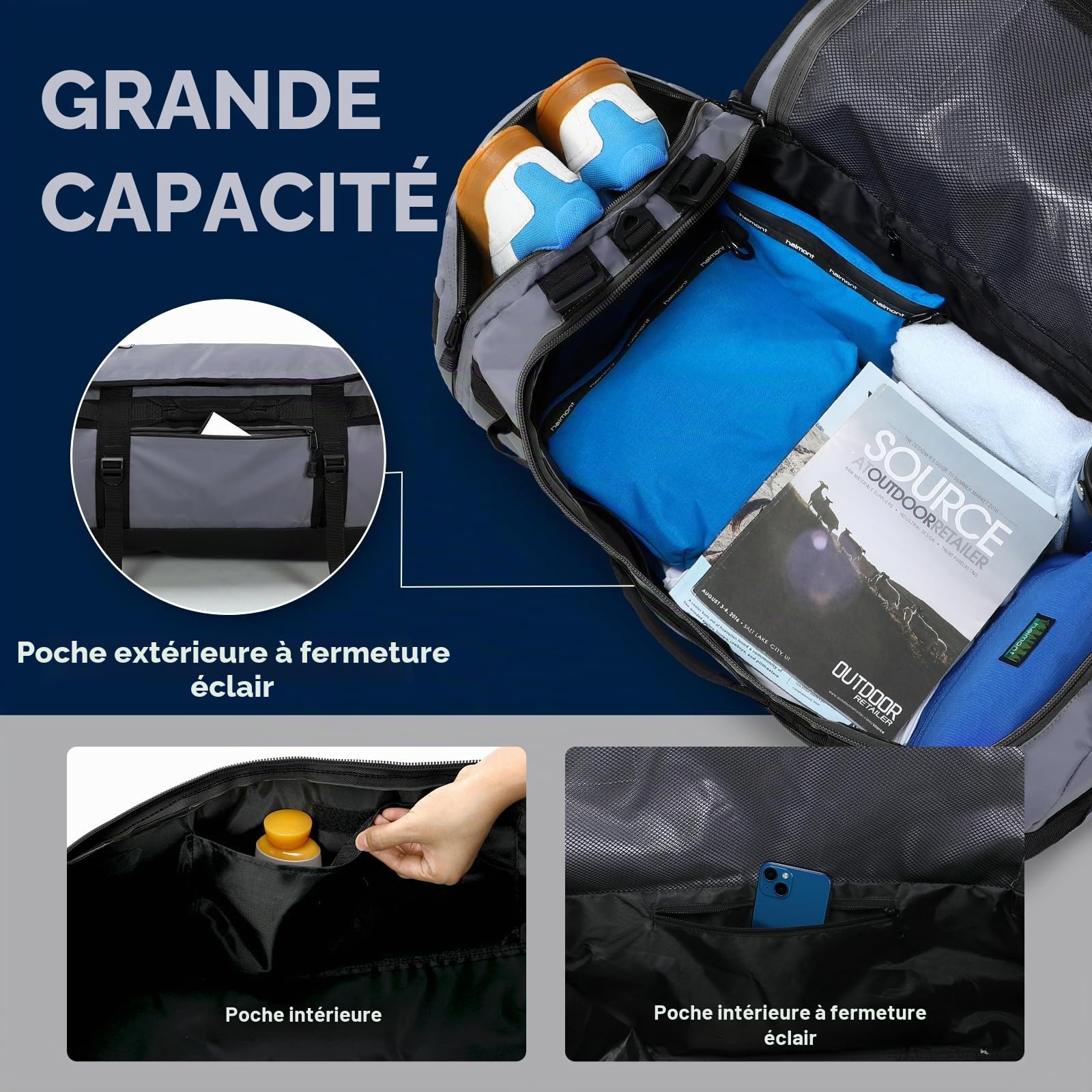 Haimont - Sac de voyage résistant pour homme, convertible, grand sac de sport avec compartiment pour chaussures, imperméable, idéal pour le week-end, le camping, gris, 90L