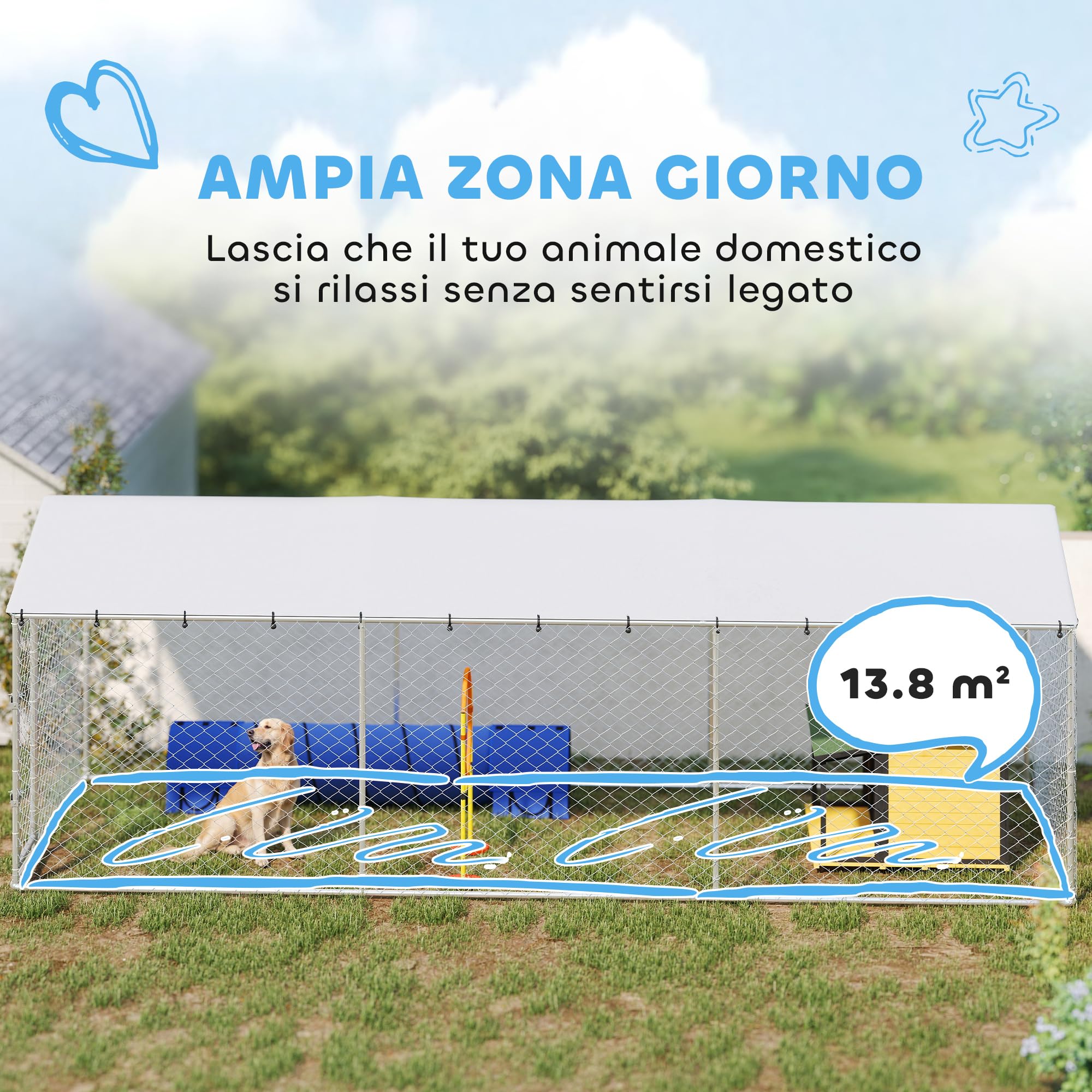 PawHut Kennel Gabbia per Cani da Esterno, 600x230x200 cm, Argento