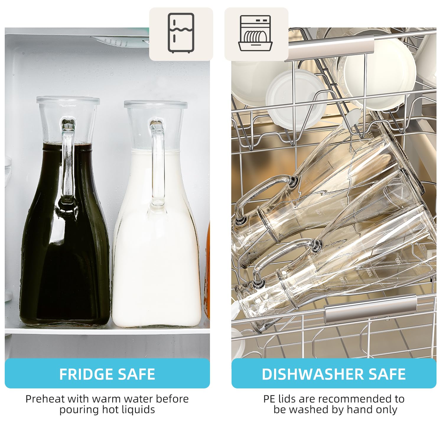 Absovetu Paquete de 3 jarras de vidrio con tapas de 1.9 L/64 onzas, jarras de agua de vidrio para refrigerador, jarra de agua, jarra de jugo con asa para jugo, leche, vino, té
