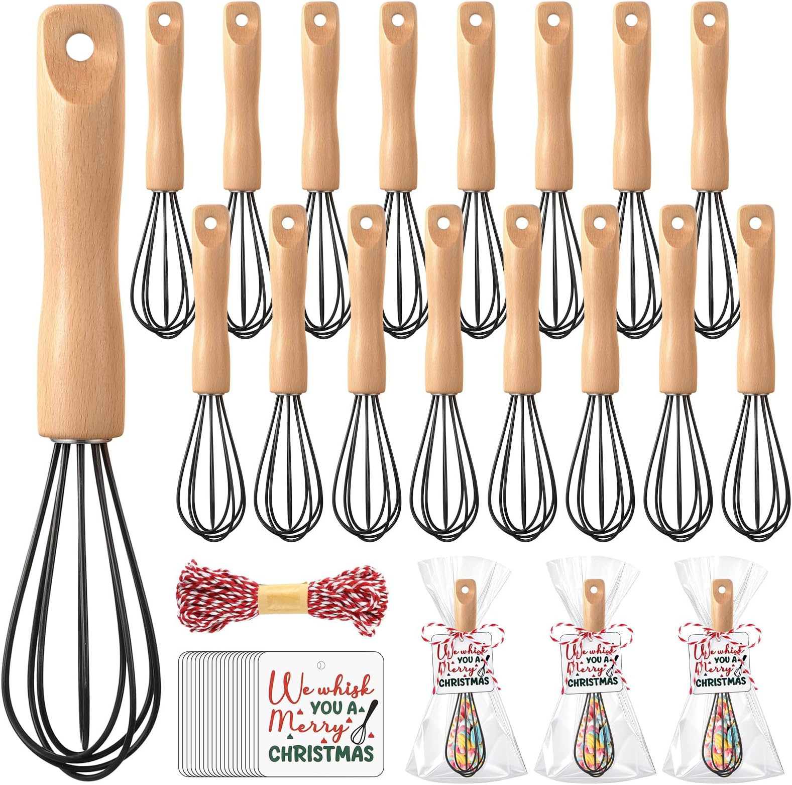 Baderke 20 Sets Baking Gifts Set Includes 8 Inch Silicone Whisk with Wood Handle Wired Stainless Steel Whisk Set Greeting Cards Plastic Bags for Party Birthday Christmas Stuffers Gift(Black)