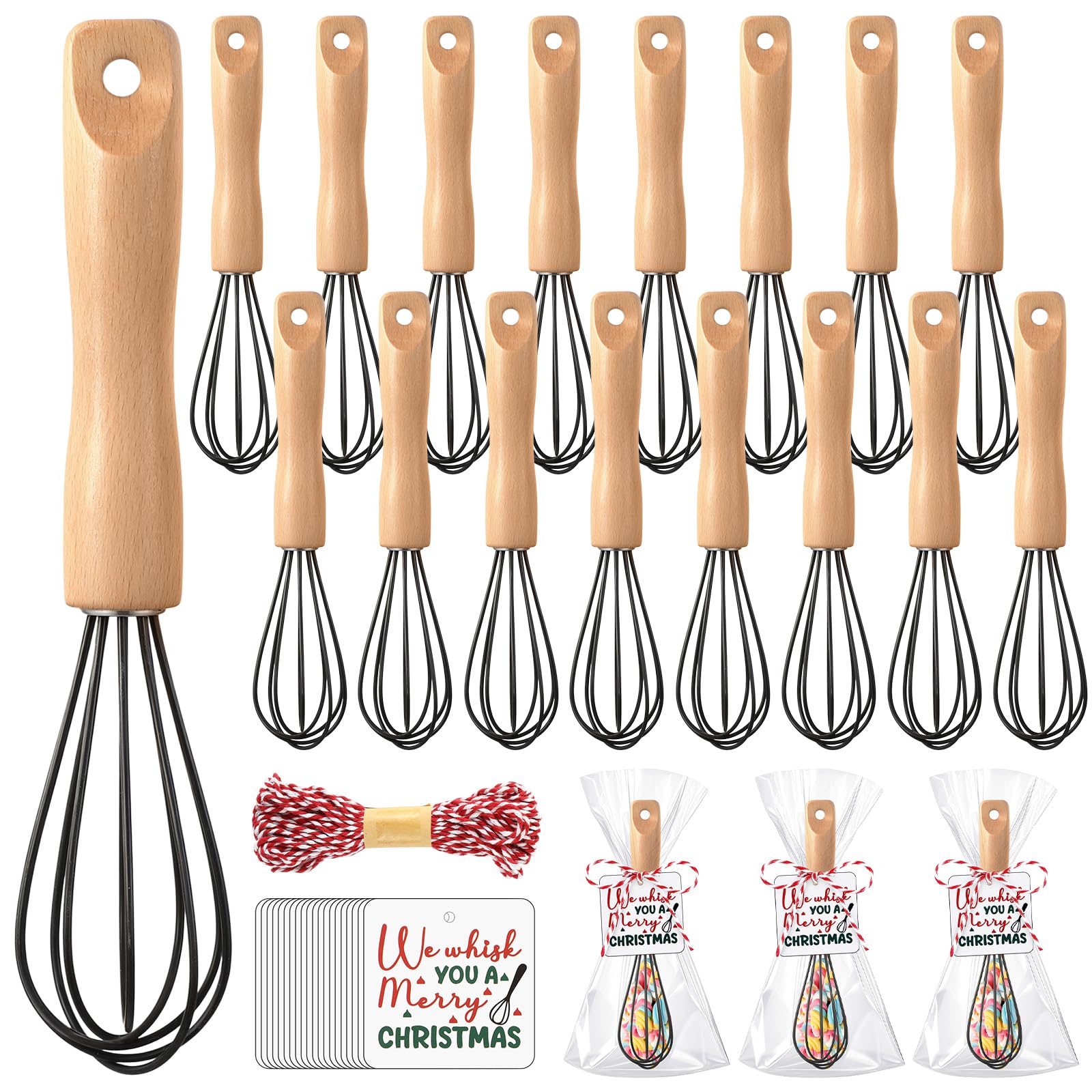 Baderke 20 Sets Baking Gifts Set Includes 8 Inch Silicone Whisk with Wood Handle Wired Stainless Steel Whisk Set Greeting Cards Plastic Bags for Party Birthday Christmas Stuffers Gift(Black)