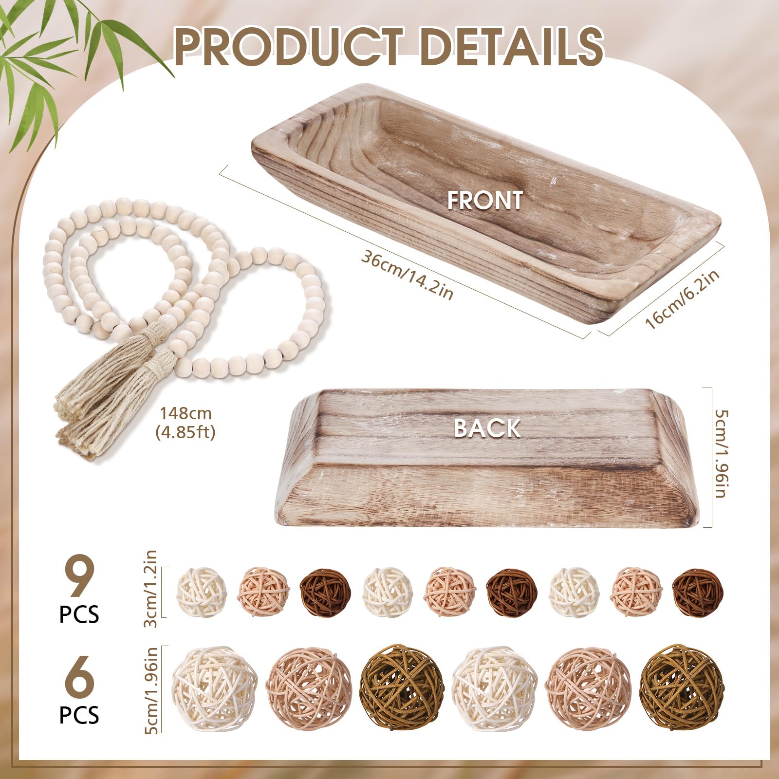 Teenyyou 17 Pcs Wooden Centerpiece Table Decorations Wood Dough Bowl Wicker Rattan Balls Beads String with Tassel Natural Decorative Tray Rustic Bowl Filler for Dining Room Kitchen(White)