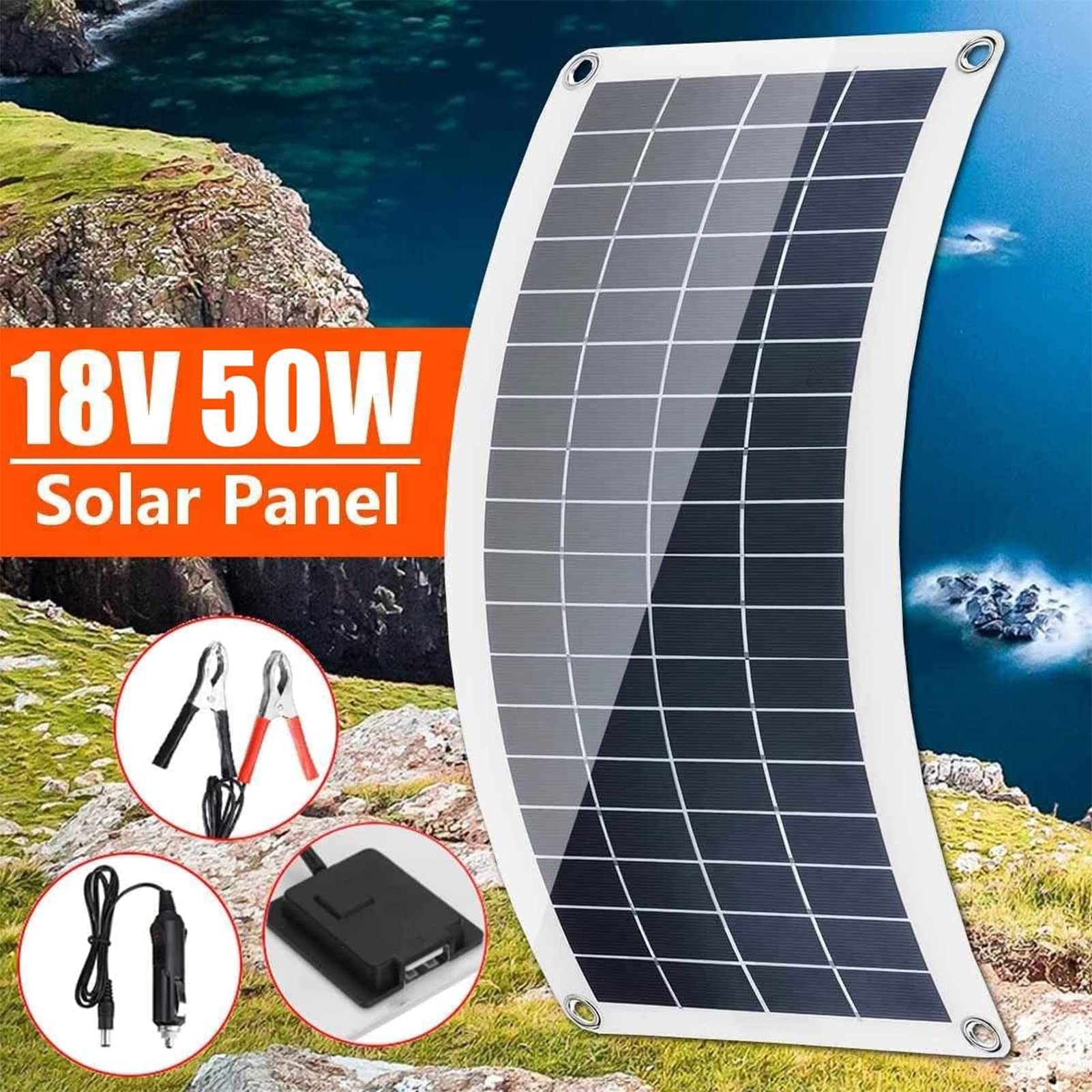 Kit de Panel Solar de 50 W, 18 V Dual USB 5 V Salida Cargador de células solares Paneles solares Flexibles monocristalinos para RV Car Boat Roof Camper