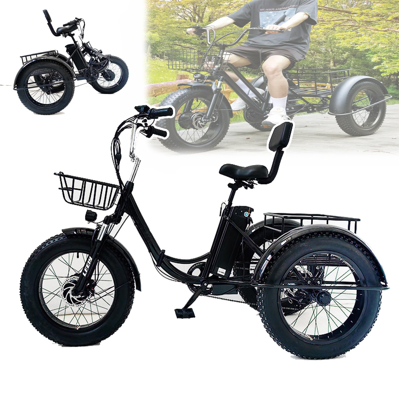Vélo Pliant À Trois Roues pour Adultes,Batterie 48V 13Ah,Pneus Larges 20X4,7 Vitesses,Phare LED,Tableau De Bord,Grand Panier,Freins À Disque Doubles,Vélo Tout-Terrain pour Seniors