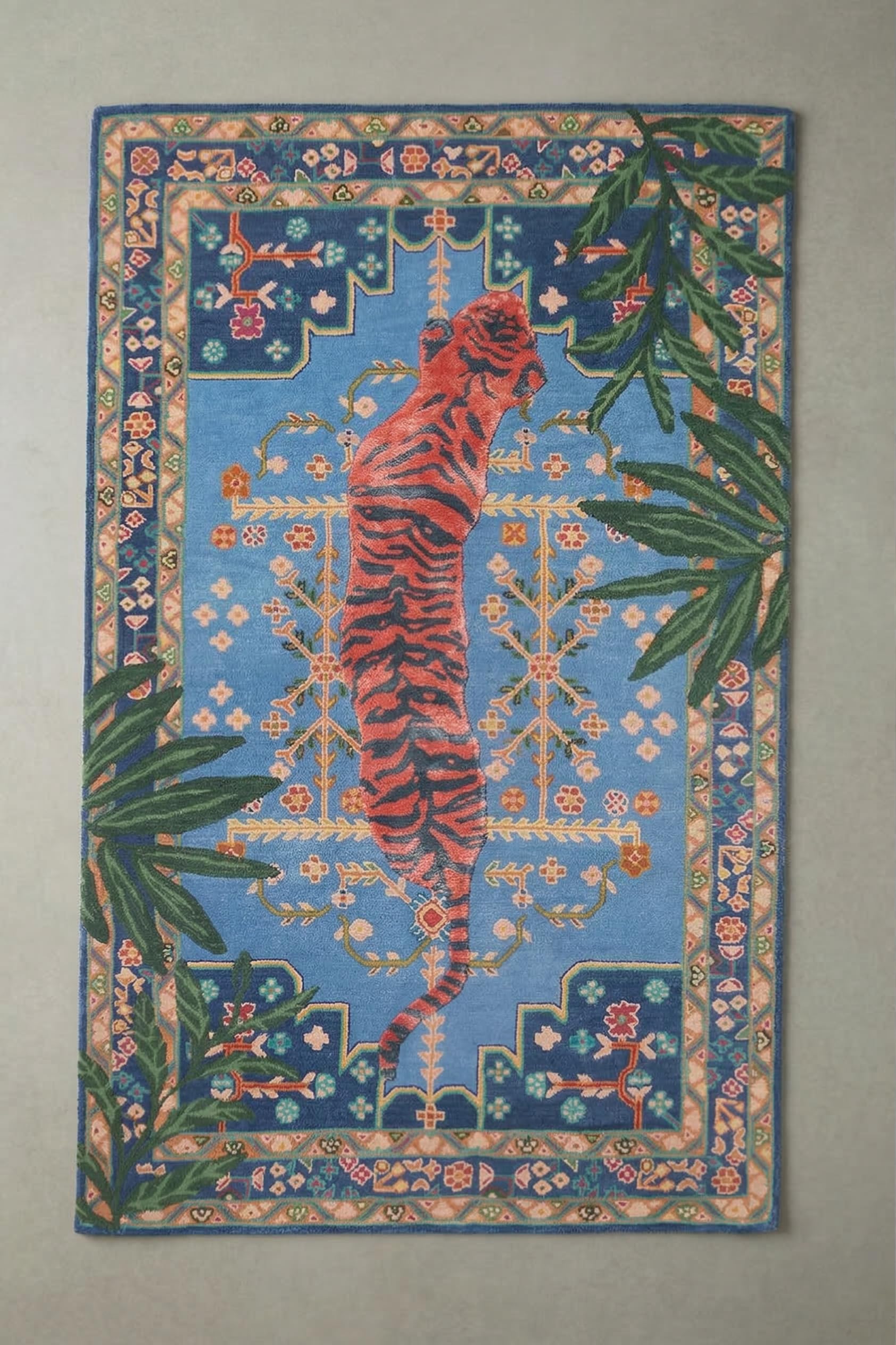 Handmade Wool and Silk Tufted Rug with Bengal Tiger Motif in Blue, Oriental Botanical Design, Luxurious Living Room Carpet, Home Decor Accent, 9x12 Ft
