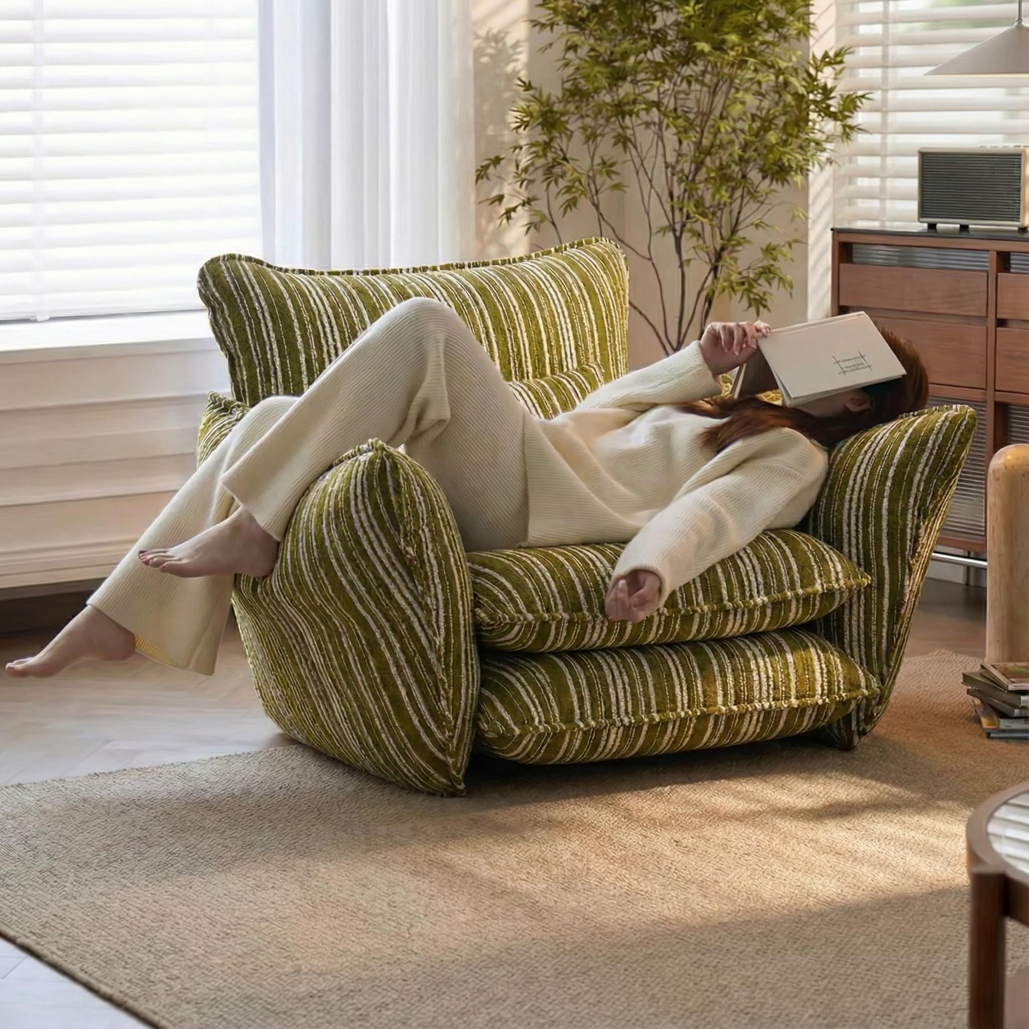 Bananister Oversized Chenille Accent Chair with Lumbar Pillow, Green Stripe, Wide Armrests, Deep Seat, 7 Inch High-Density Foam, 350 lbs Capacity