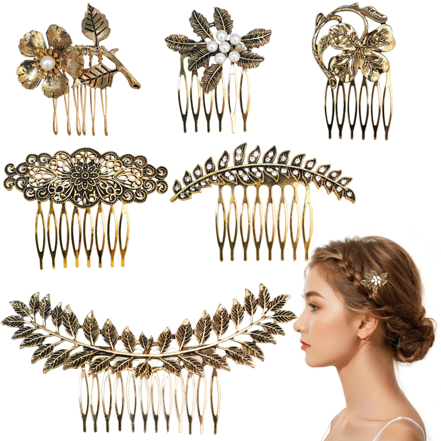 6pcs Vintage Hair Side Combs, Retro Pearl Rhinestone Metal Hair Comb Clips with Teeth Grip Crystal Bridal Hair Piece Pins for Wedding Accessories