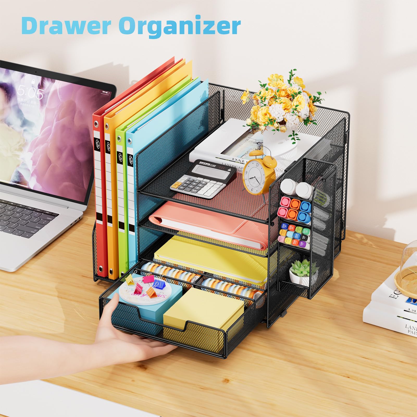 Marbrasse Desk Trays Organiser, 4 Tier Letter Paper Tray met handvat, gaas in lade voor bureau Office Home A4 File Document Storage (Zwart