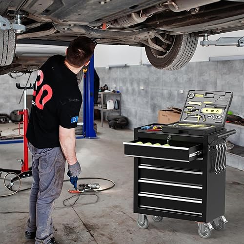Miniatura 7 de Caja de herramientas de metal con 5 cajones, caja de herramientas portátil con ruedas, caja de herramientas con cerradura para almacén, garaje,