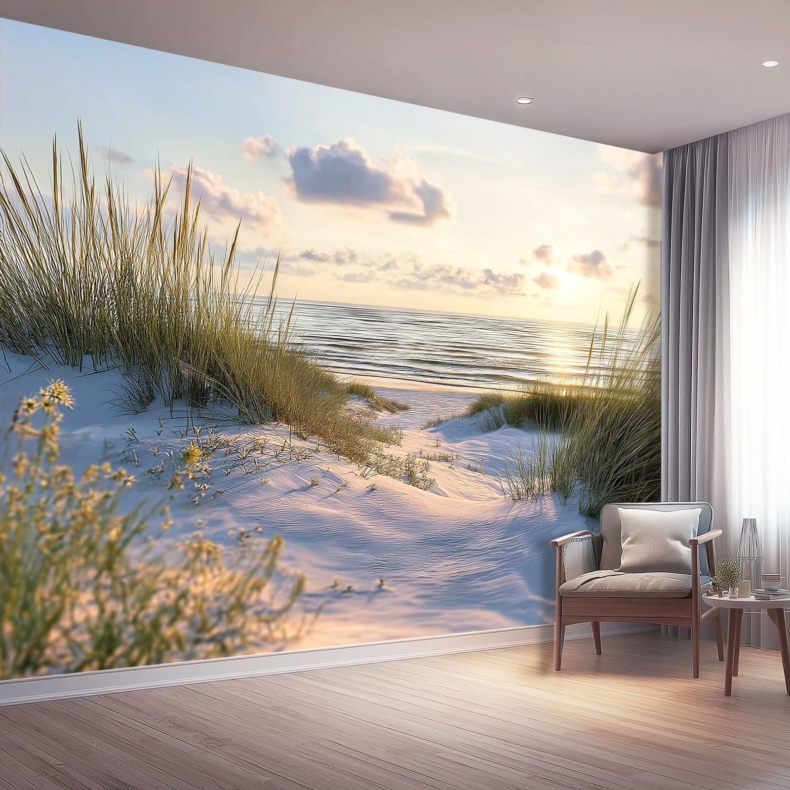 Non-Woven Scenic Beach Sunset Horizon Wall Decal Light Tones 200 x 140(WxH),Self-Adhesive Stickers,DIY Solution to Instantly Transform Bare Walls with Ease