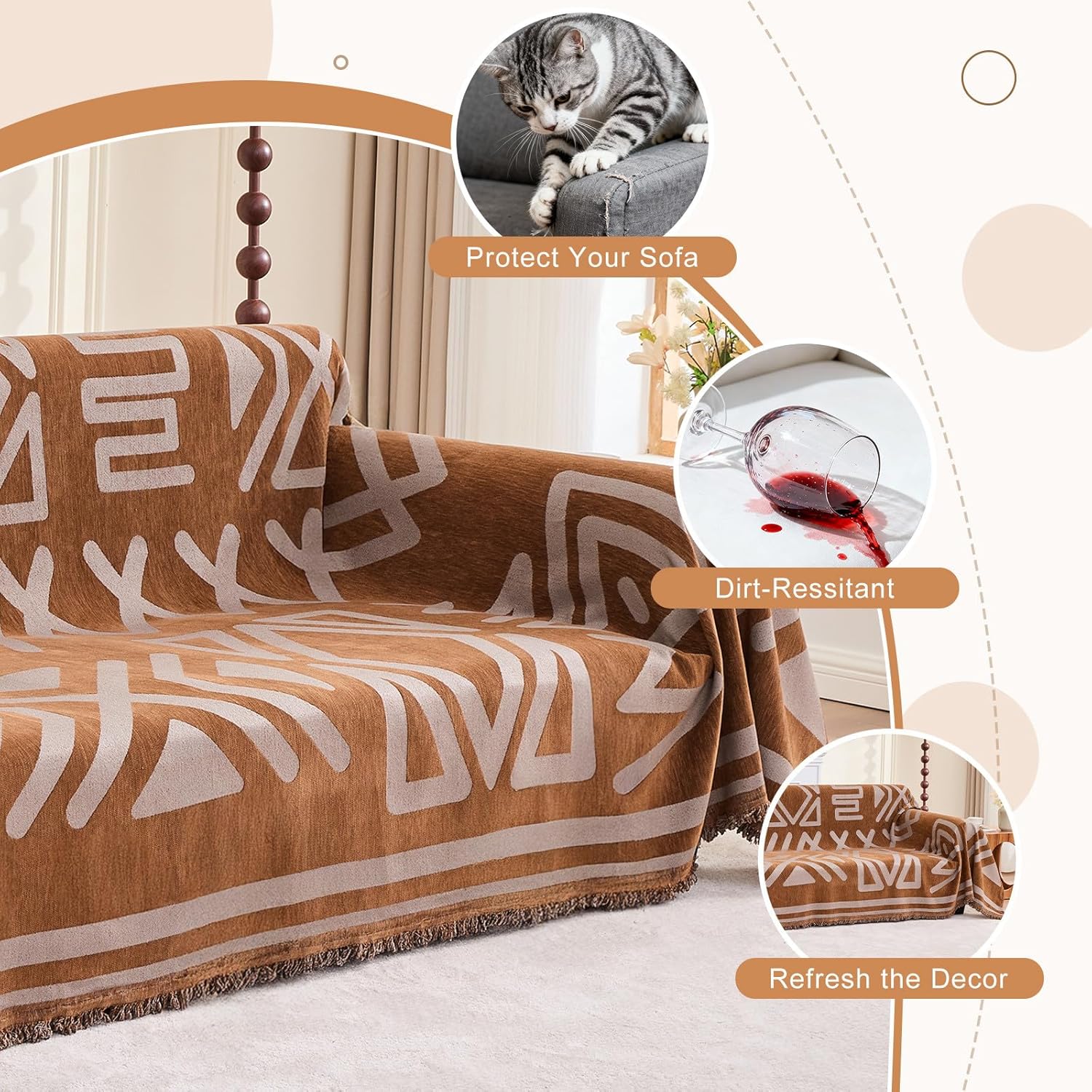 Boho Couch Cover Sofa Covers for 2 Cushion Couch, Couch Covers Washable Blanket Sofa Covers, Chenille L Shape Sectional Couch Covers for Dogs, Sofa Blanket Cover for Living Room (Light Brown)