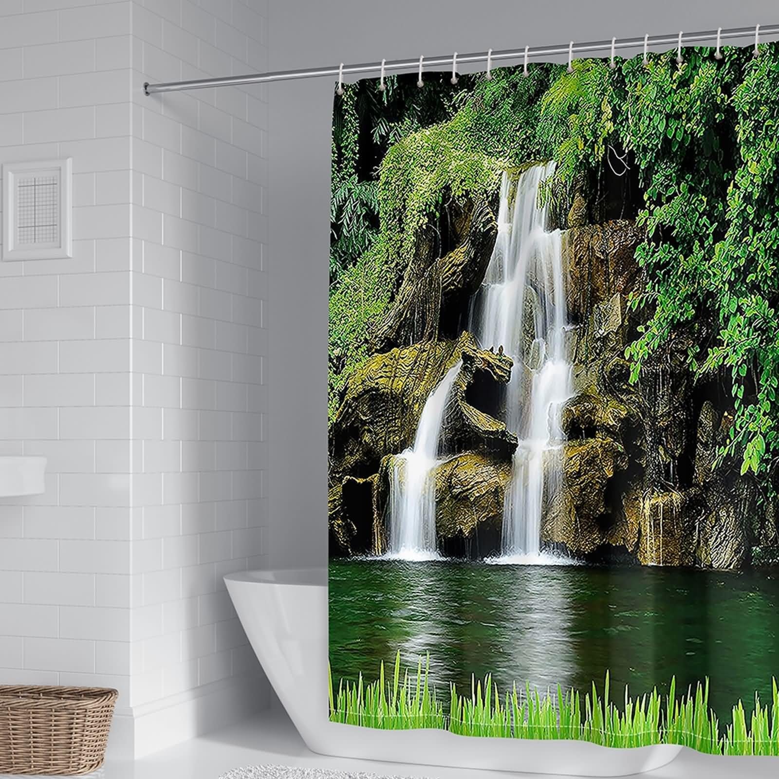 Duschvorhang 180X200, Textil Duschvorhang Grün Wasserfall Fluss Duschvorhang für Damen
