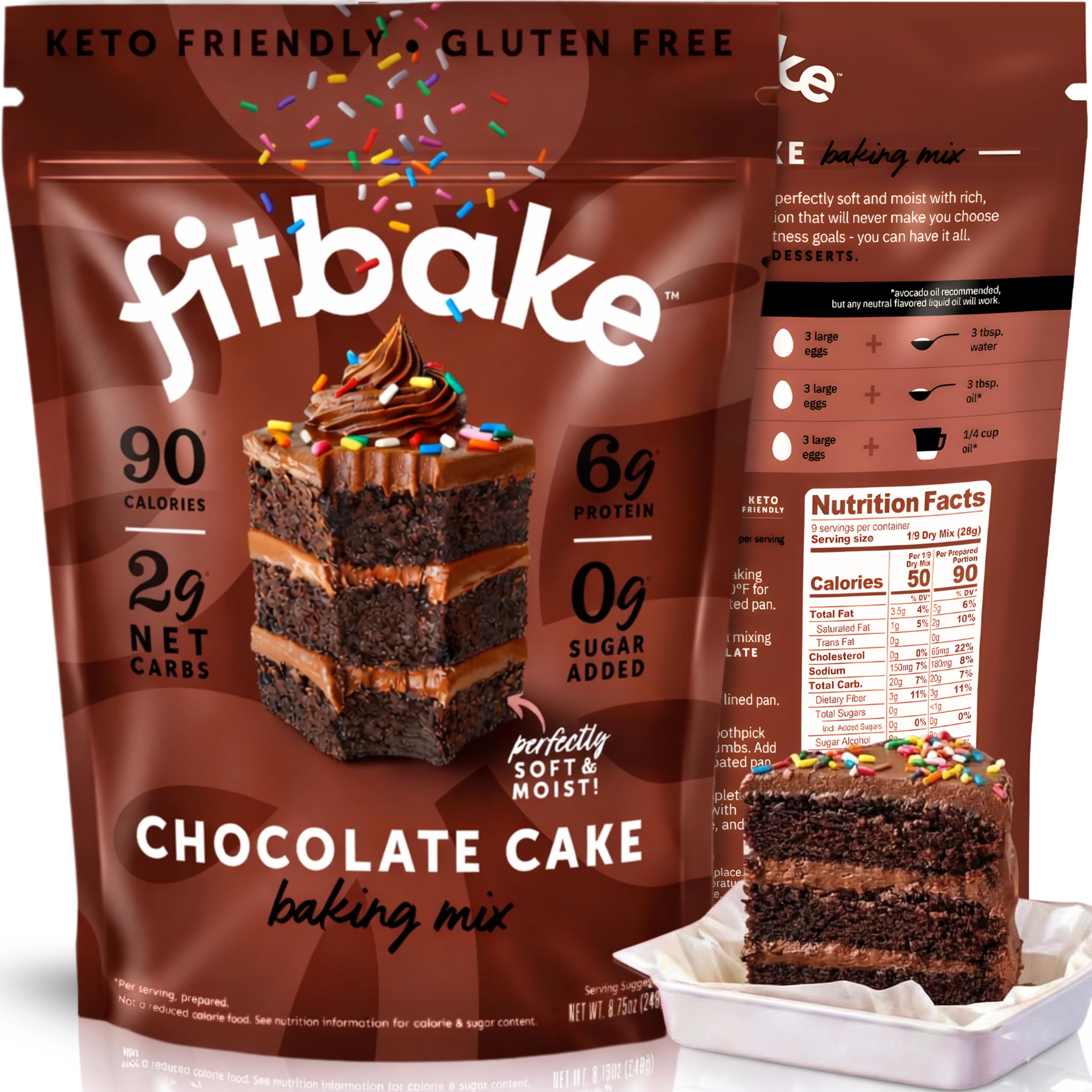 FitBake Keto Low Carb Chocolate Cake Baking Mix | 2g Net Carbs Per Serving | No Added Sugar | Zero Sugar & Gluten Free Desserts, Naturally Sweetened Keto Snack 8.75oz