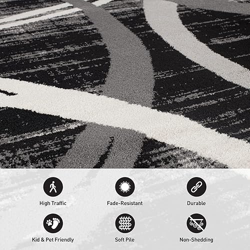 Miniatura 4 de Rugshop Alfombra moderna con diseño de círculos ondulados, 2 pies x 7 pies 2 pulgadas, color negro