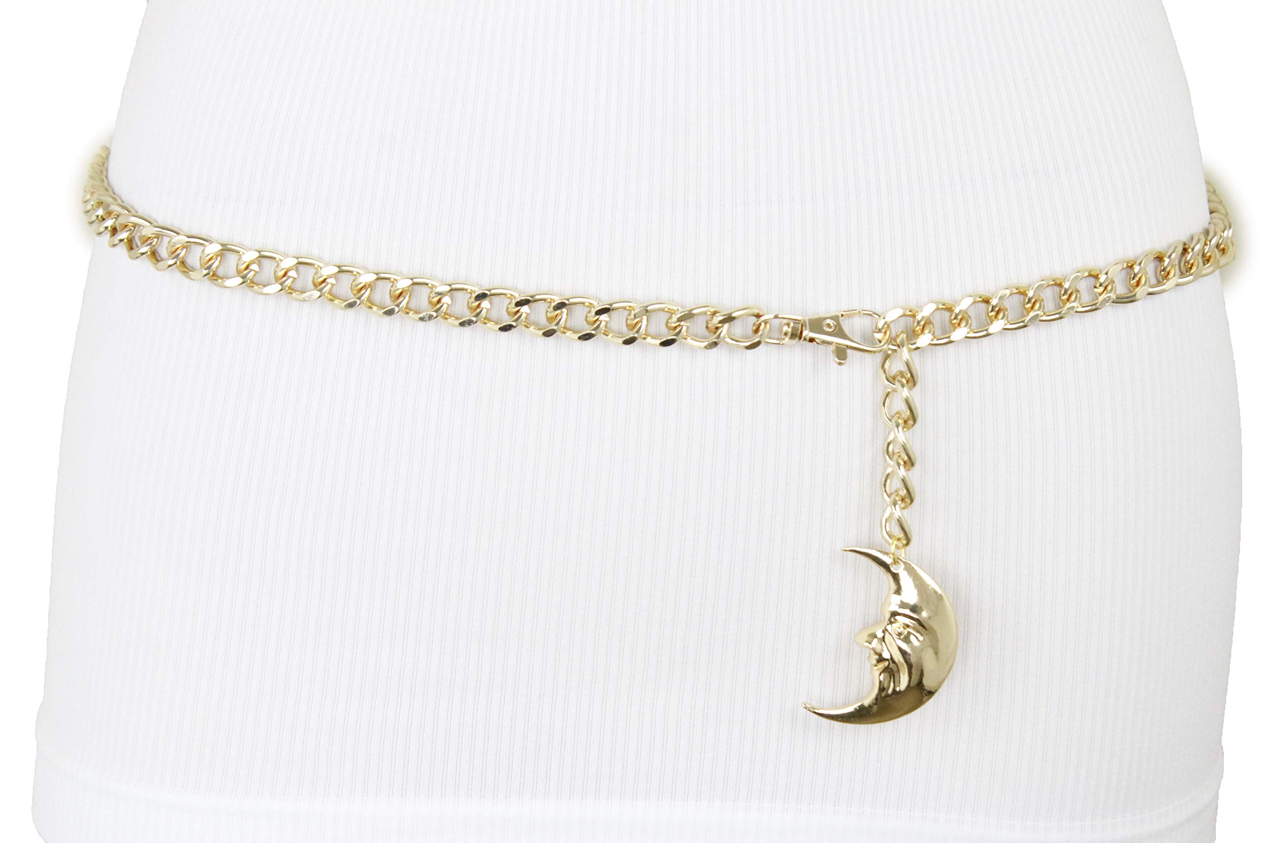 Women Cute Fashion Belt Gold Metal Chain Hip High Waist Moon Charm Skinny Waistband (XS-Medium 20