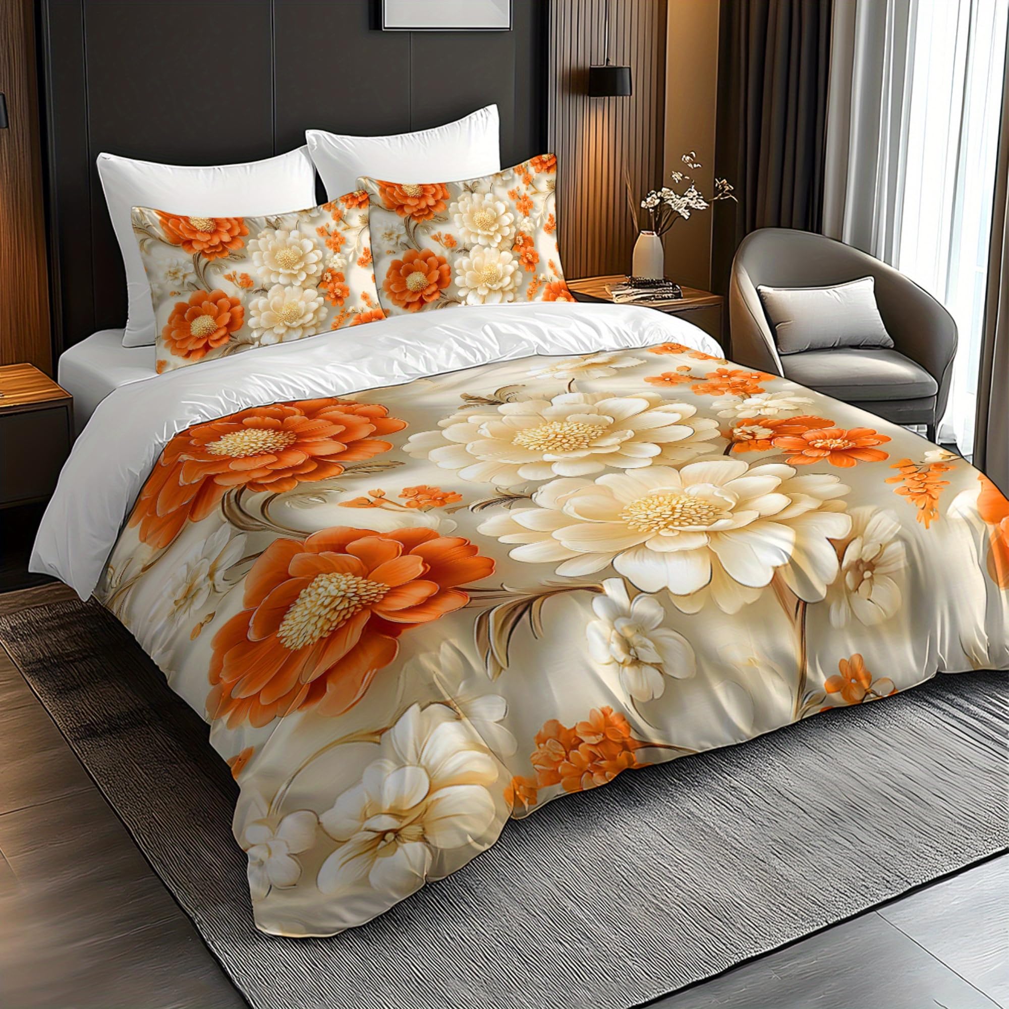 Parure de lit motif floral orange et beige housse de couette 240x260cm avec 2 taies d'oreiller