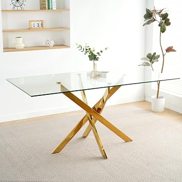 63 Crystal Clear Glass Dining Table for 4-6, Modern Clear Kitchen Table with Rectangular Tempered Glass Top & Stainless Steel Gold Legs, Large Dinner Table for Dining Room, Kitchen