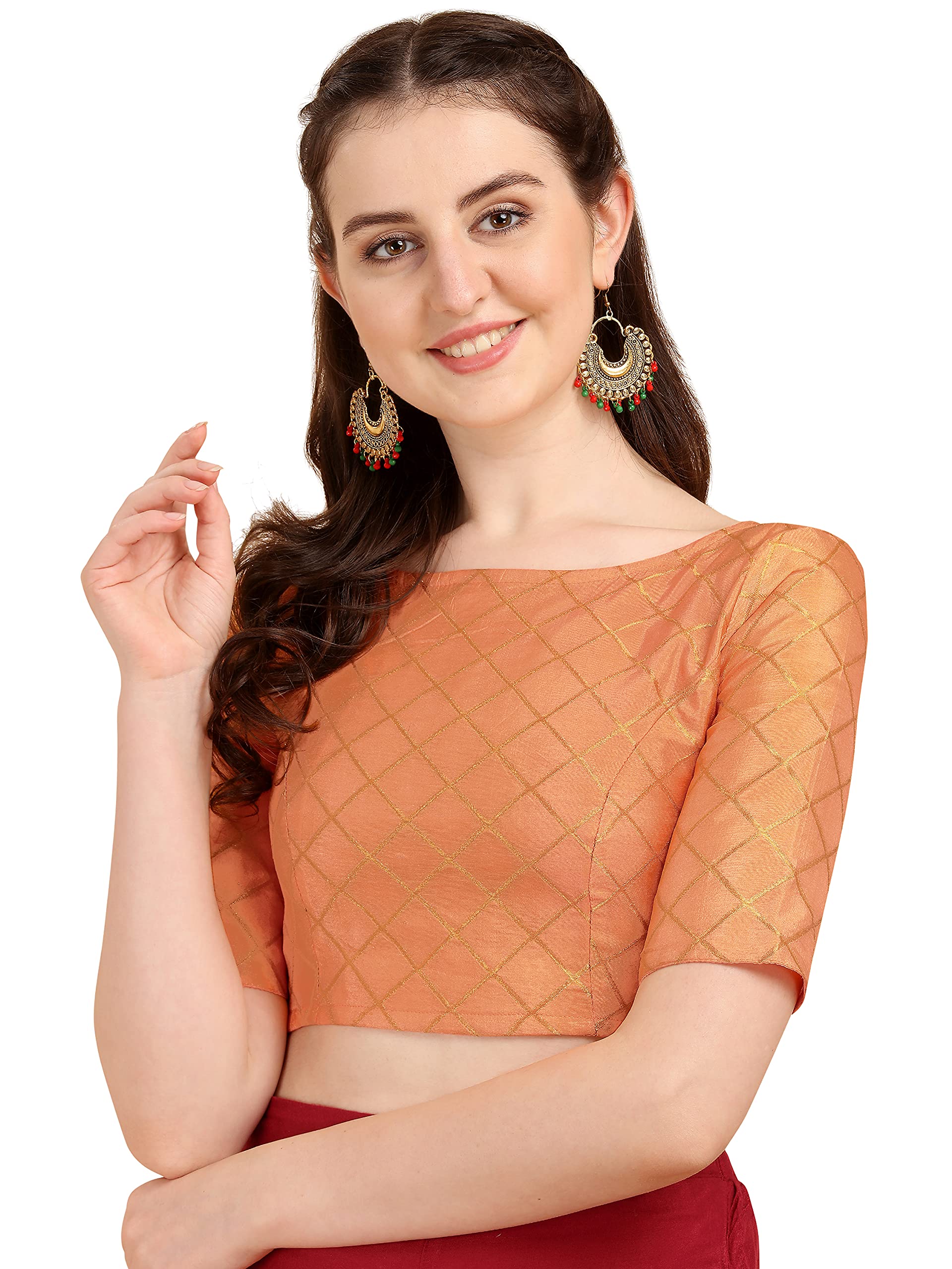 Oomph! Women's Art Silk Checkered Half Sleeve Fitted Blouse (Crosssquare_Salmon Red S)