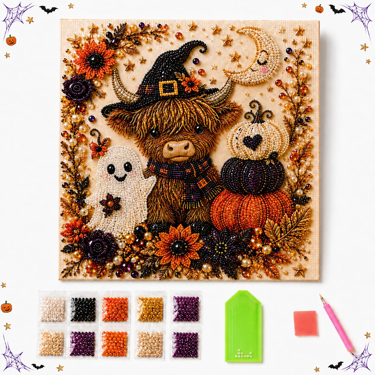 Viilich Halloween Diamond Pearl Art Kit, Halloween 3D DIY Bead Painting Craft with Pre-Printed Adhesive Canvas, Resin Pearls and Tools, Autumn Home Decor Gift