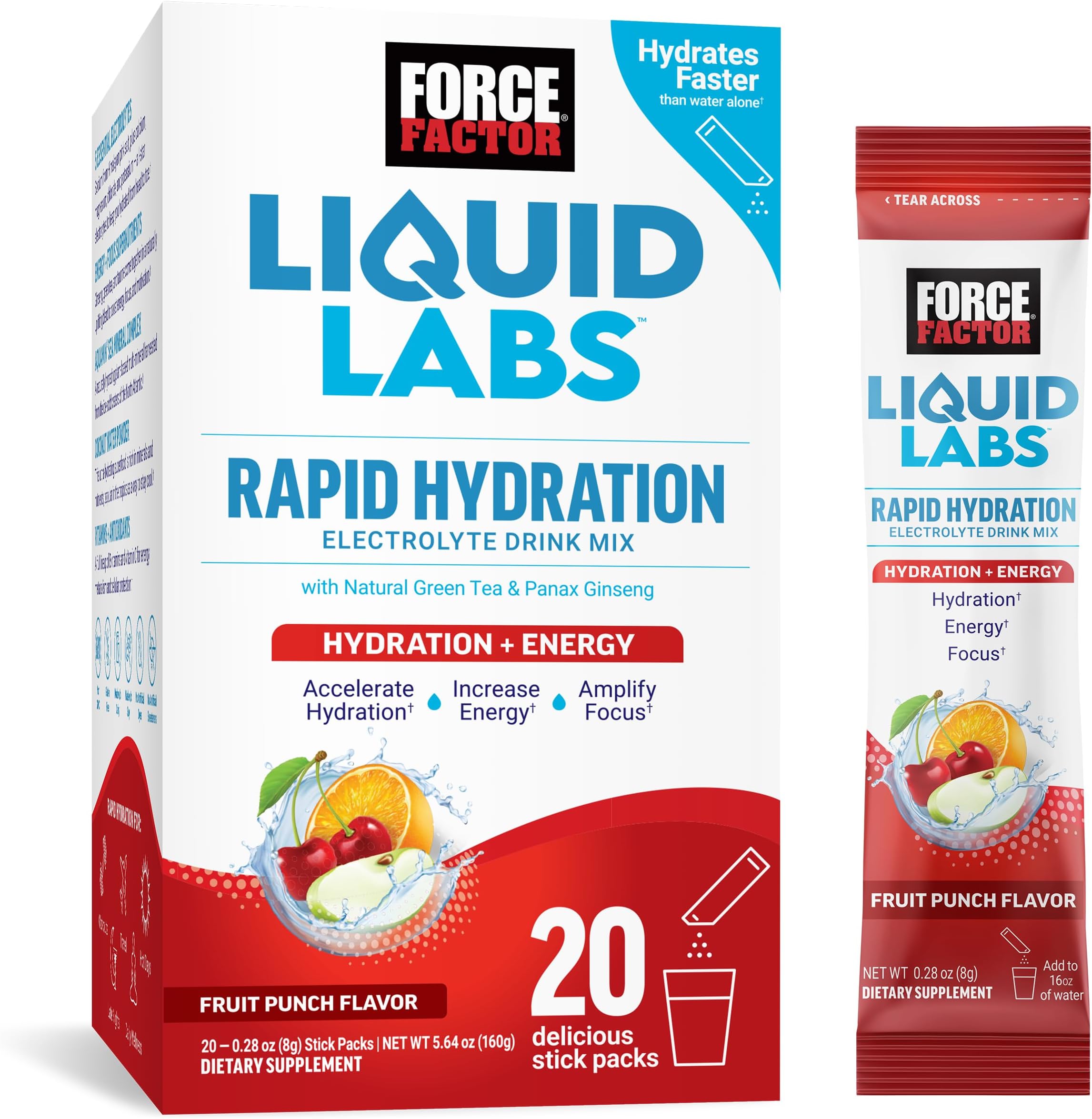 Force Factor, Liquid Labs™ Energy, Rapid Hydration Electrolyte Drink Mix, Fruit Punch, 20 Stick Packs, 0.28 oz (8 g) Each