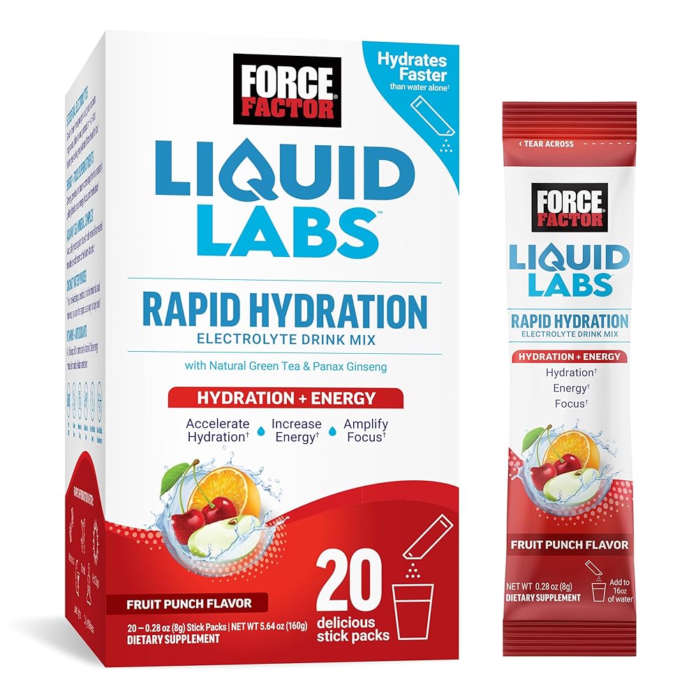 Force Factor Liquid Labs Energy Drink, Electrolytes Powder, Hydration Packets to Boost Energy & Focus, 5 Essential Electrolytes, Vitamins, Minerals, & Antioxidants, Fruit Punch Flavor, 20 Stick Packs