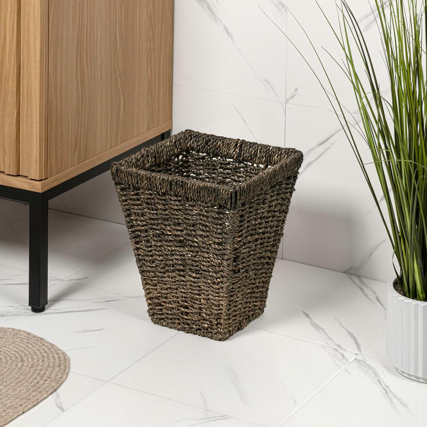 happimess HPM1405B-SET2 Alden Rustic Bohemian Handwoven Seagrass 2.3-Gallon Tapered Square Wicker Watebasket, Brown (Set of 2)