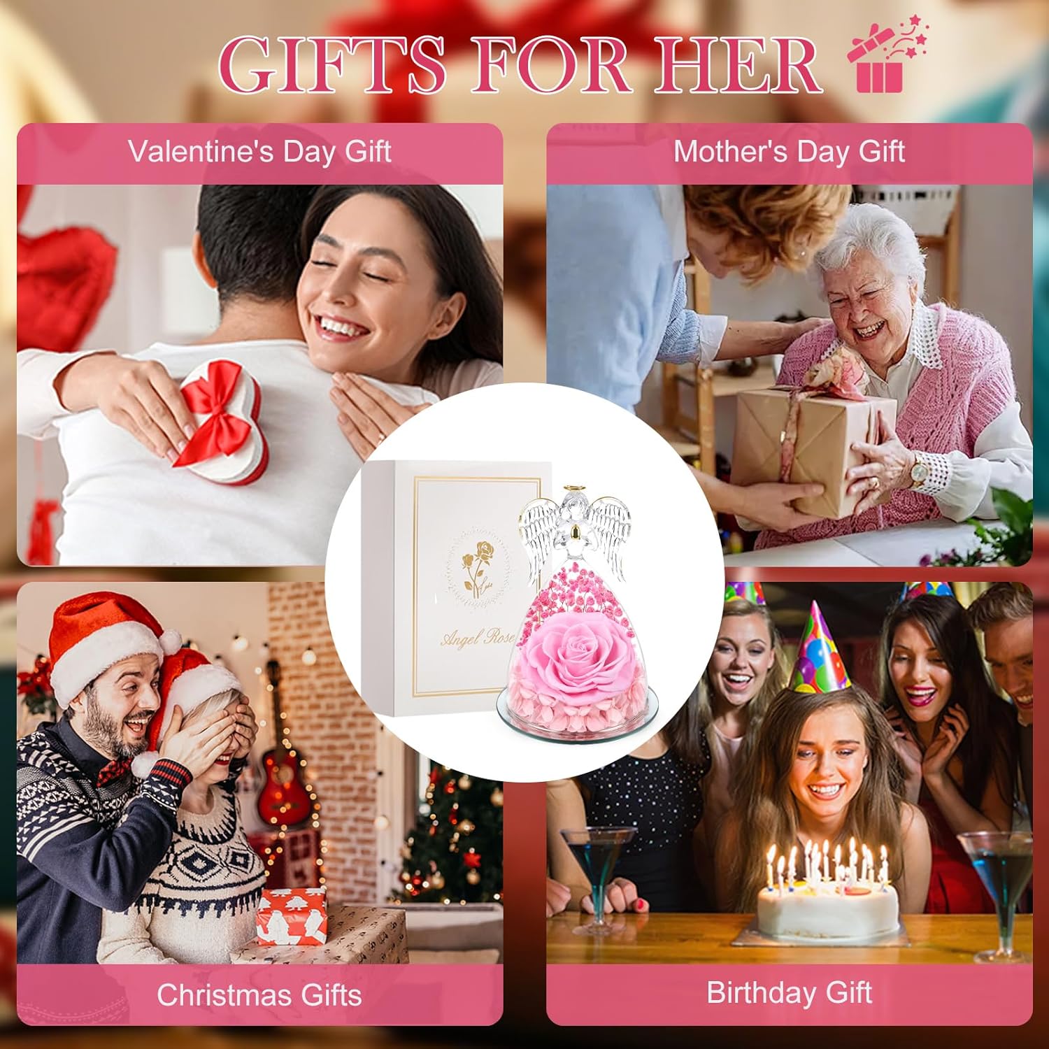 Valentines Day Rose Gifts for Her Women Mom Birthday Flowers for Delivery Preserved Flowers Forever Eternal Rose in Glass Angel Figurine, Valentine Gifts for Women Her Daughter Wife Girlfriend, Pink - Image 7
