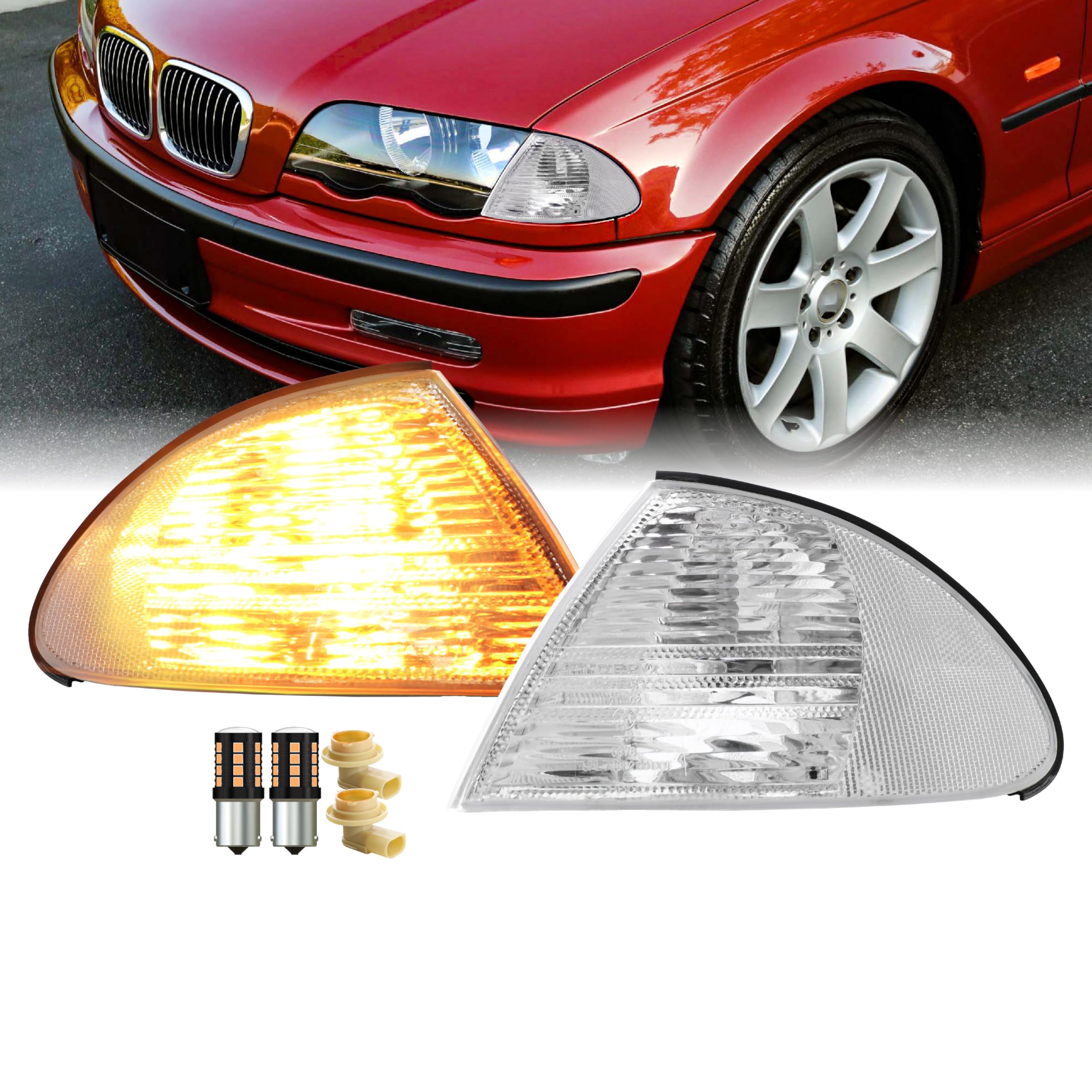 USR 99-01 3 Series E46 4 Door Euro CLEAR Corner Light - WITH x2 AMBER LED Bulbs UPGRADE – 2 piece Turn Signal Lamps (Left + Right) - Compatible with 1999-2001 BMW 3-Series E46 4D Sedan & 5 Door Wagon