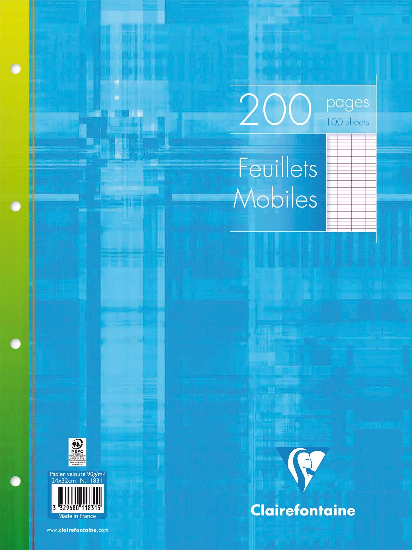 Clairefontaine 11831C Un Paquet de Feuillets Mobiles Perforés sous Film - 24x32 cm - 200 Pages Grands Carreaux - Papier Blanc 90