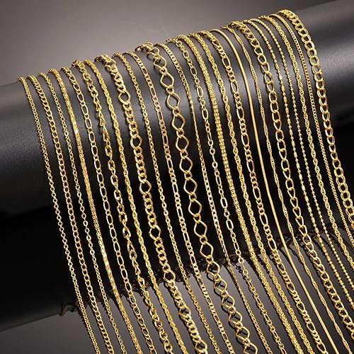 Miniatura 3 de Blulu 24 collares de cadena chapados en oro o plata de varios estilos para suministros de joyería y manualidades (20 pulgadas, dorado)