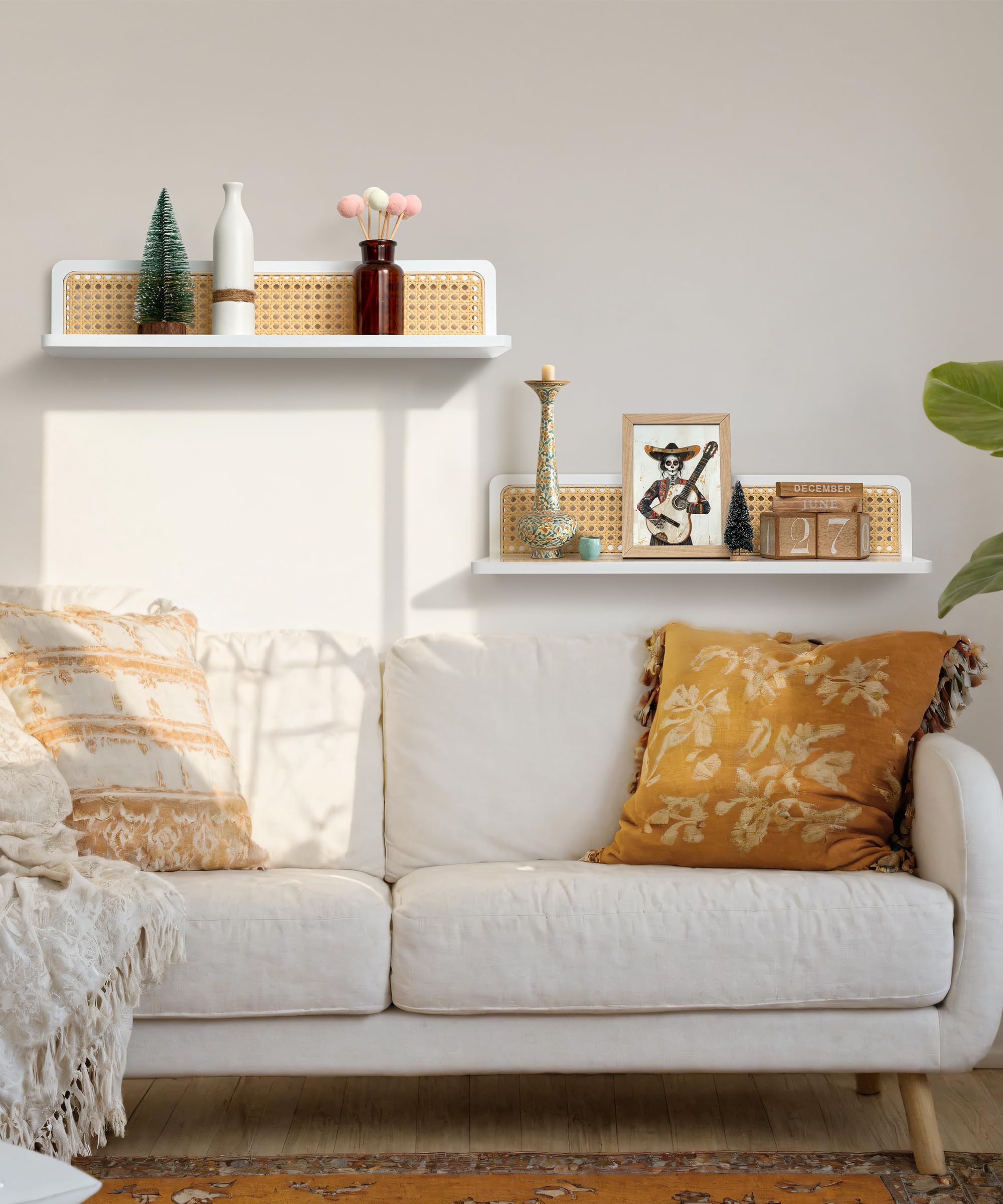 Estantería de Pared Larga Blanca, Balda Madera con Frente de Ratán | 60cm Estanteria Madera Juego de 2, Repisa, Almacenaje, Decoración, Balda Flotante para Fotos, Plantas, para Salón, Dormitorio