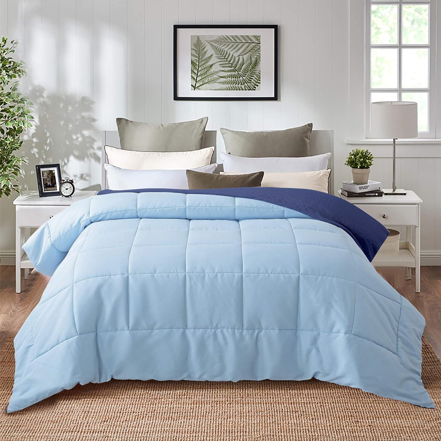 EVOLIVE All Season Pre Washed Soft Microfiber Down Alternative Reversible Comforter with Box Stitching (Navy/Light Blue, Full/Queen)
