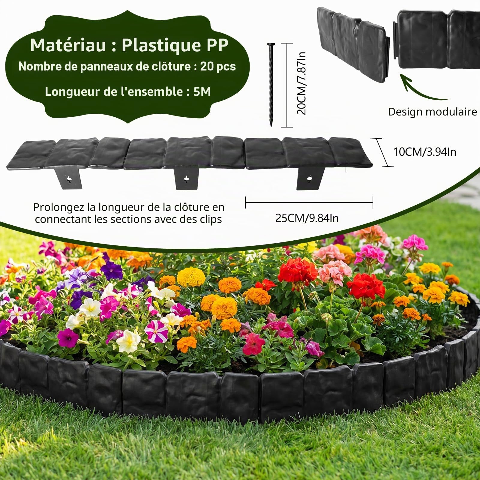 Bordure Jardin Exterieur, Bordures de Jardin Flexible Plastique, Décorative Facile à Installer pour Allée Pelouse Parterre Lot de 20pcs Gris, Épaissi Bordure de Pelouse, Pierre D'imitation-5 m