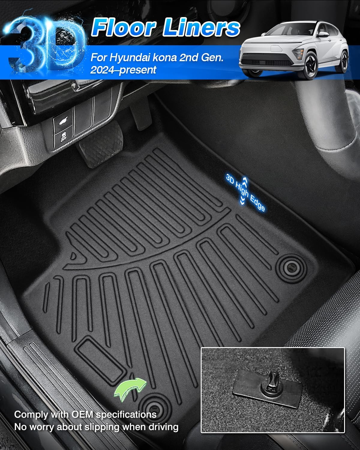 Cartist Floor Mats and Cargo Liner Fit for Hyundai Kona 2024 2025 2026 (No Electric Model) Limited | N Line | SE | SEL Accessories All Weather TPE 1st & 2nd Row Car Rear Trunk Mats - Image 2
