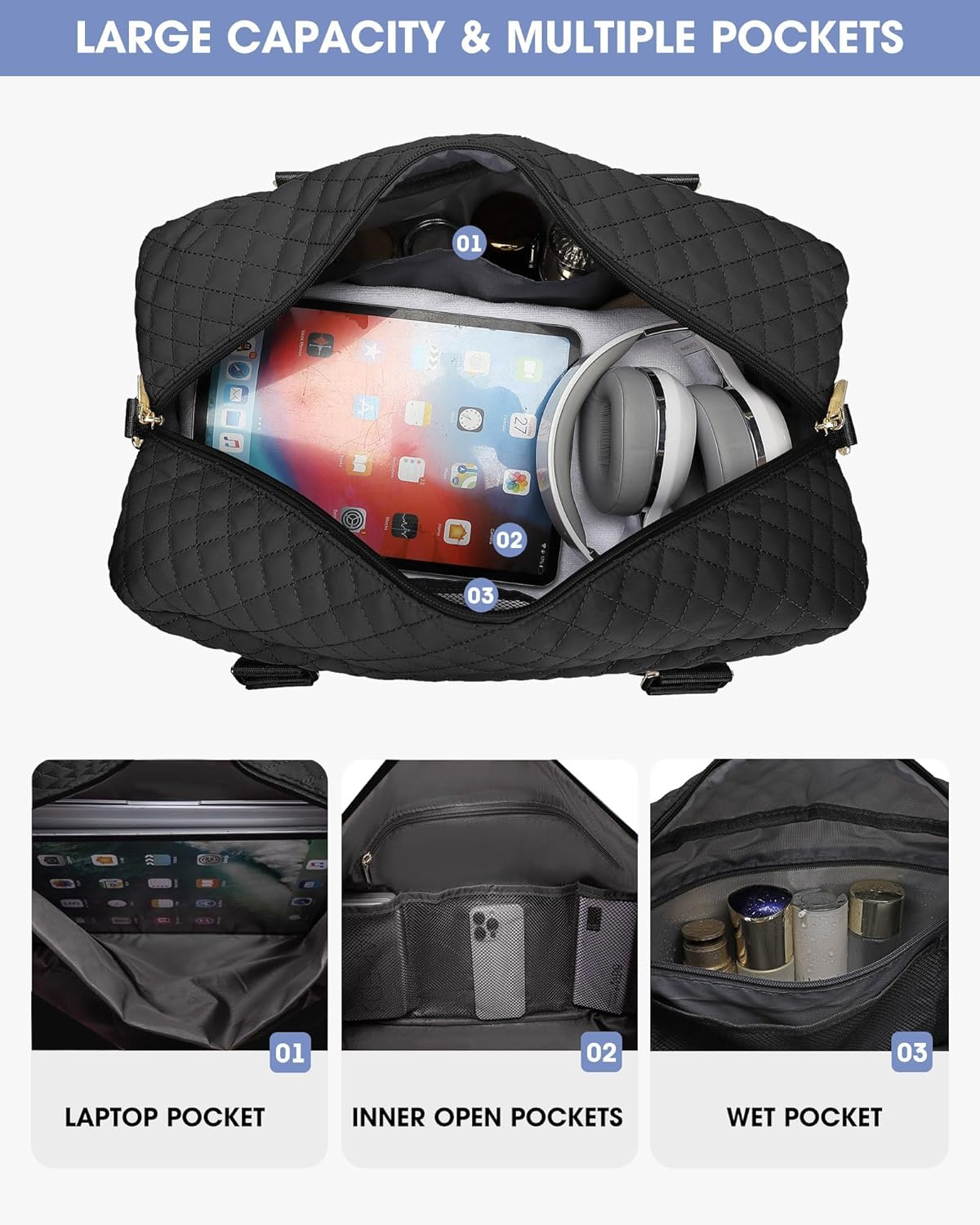 Women Weekender Travel Duffle Bag: Large Overnight Bags with Shoe Compartment Carry on Bags with Toiletry Bag Weekend Yoga Gym Bag with Wet Pocket Travel Duffel Tote Bag Hospital Bag Black - Image 2