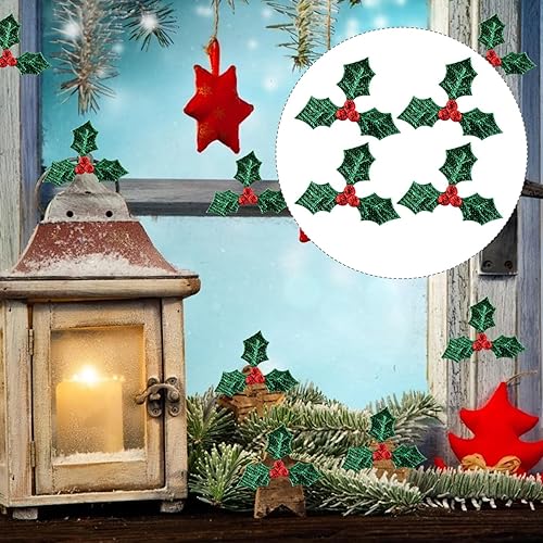 Miniatura 5 de 100 piezas de bayas de acebo artificiales con hojas verdes de Navidad, ramas de baya de acebo, accesorios de decoración para bricolaje, adorno