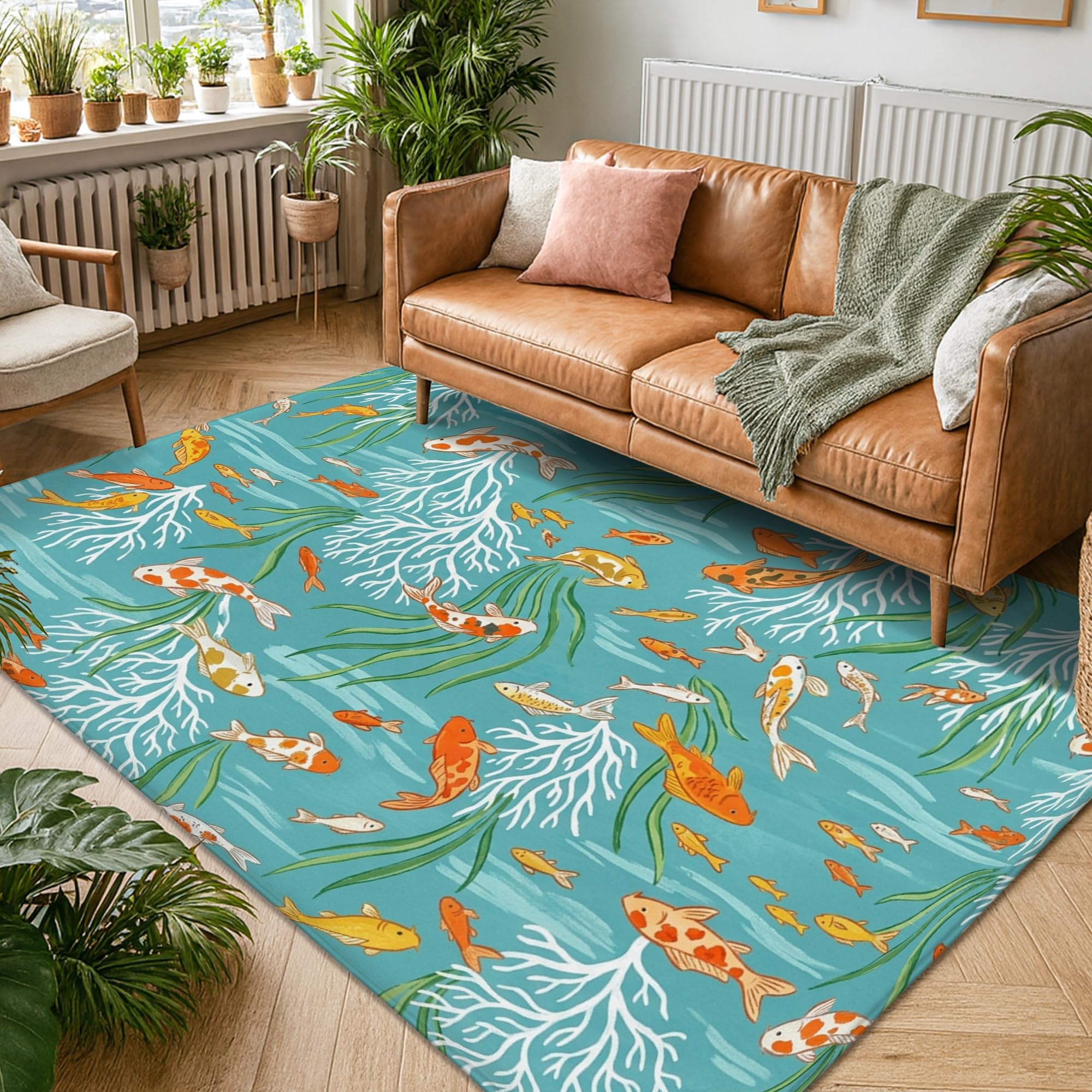 Alfombra de área de peces de carpa, naturaleza acuática, algas marinas de verano, turquesa, antideslizante, rectangular, alfombras de suelo para sala de estar, dormitorio, decoración de comedor, hogar