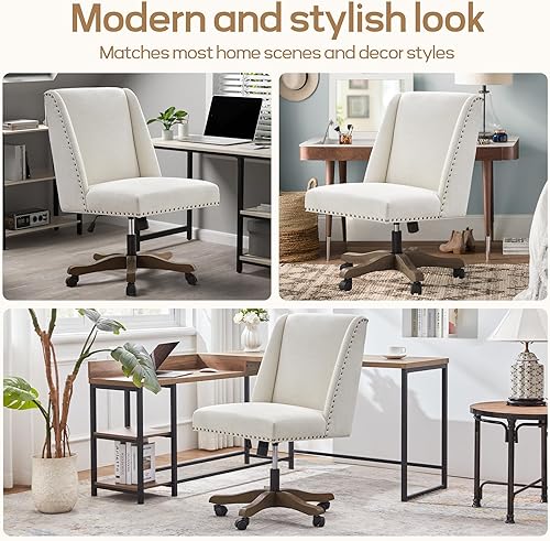 Miniatura 7 de Silla de oficina tapizada sin brazos con patas de madera, moderna y ajustable con tiras cruzadas, silla de escritorio para oficina en casa, sin