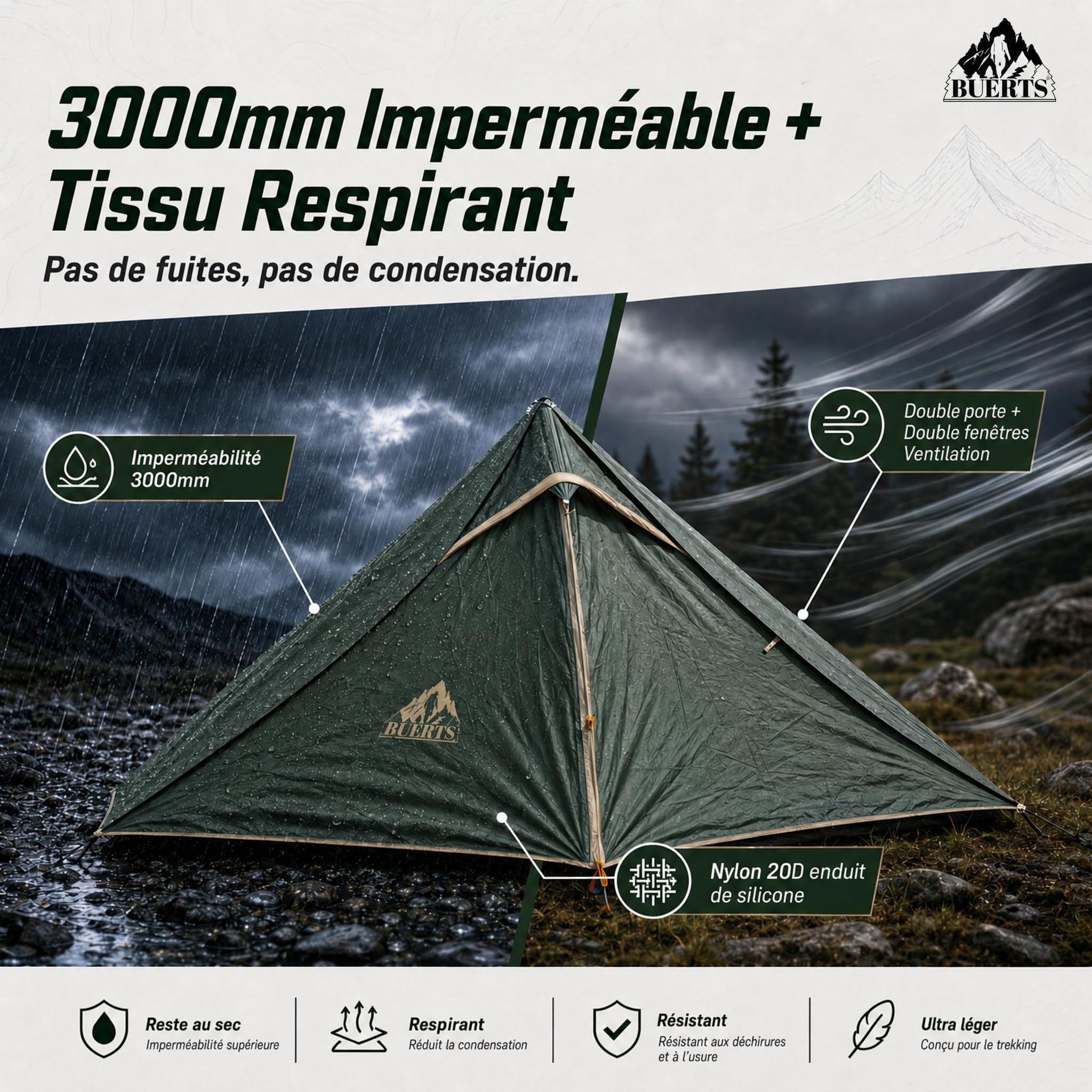 Tente de Camping ultralégère 1/2 Personne, Trekking imperméable 3 Saisons, pour Alpinisme et randonnée (bâton Non Inclus) (2 Personnes-Beige)