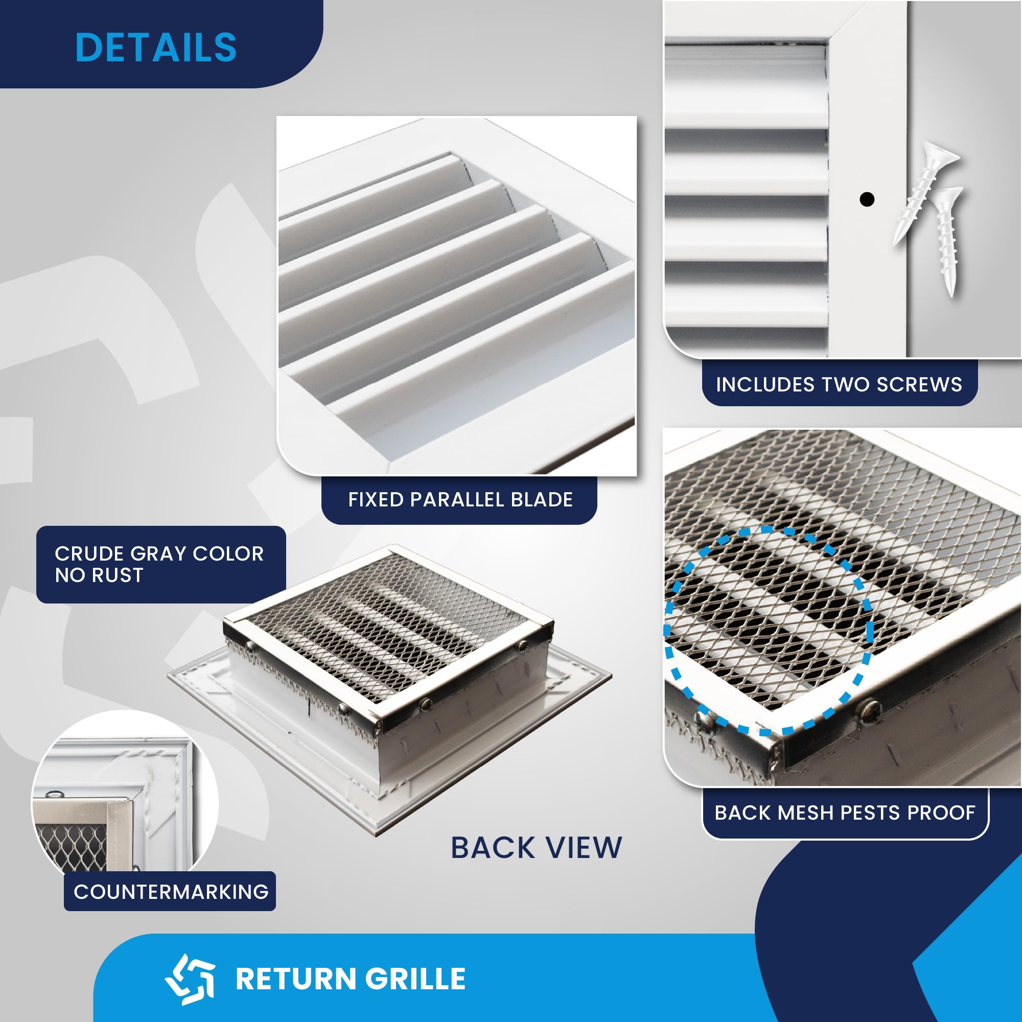 Cubierta de conducto de ventilación de 6 x 6 pulgadas. Rejilla de retorno exterior de aluminio HVAC. Pared lateral - Bloque de lluvia de rejilla de aire exterior - con malla de pantalla trasera. El
