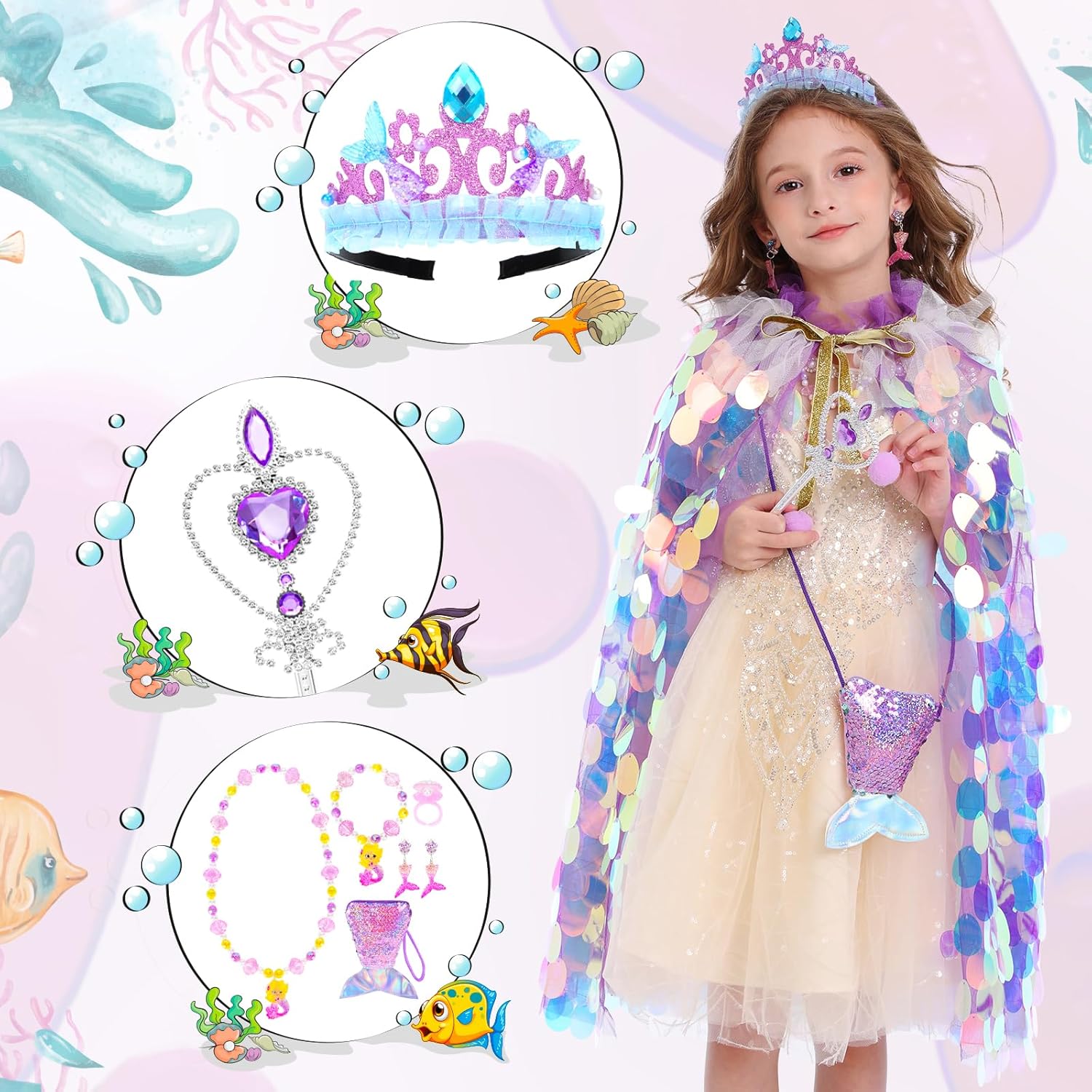 Princess Dress Up Toys Princess Dress Up Clothes Rainbow Mermaid Cape Kit 9 Pcs Gift Set for Little Girls 3-8 Years - Image 4