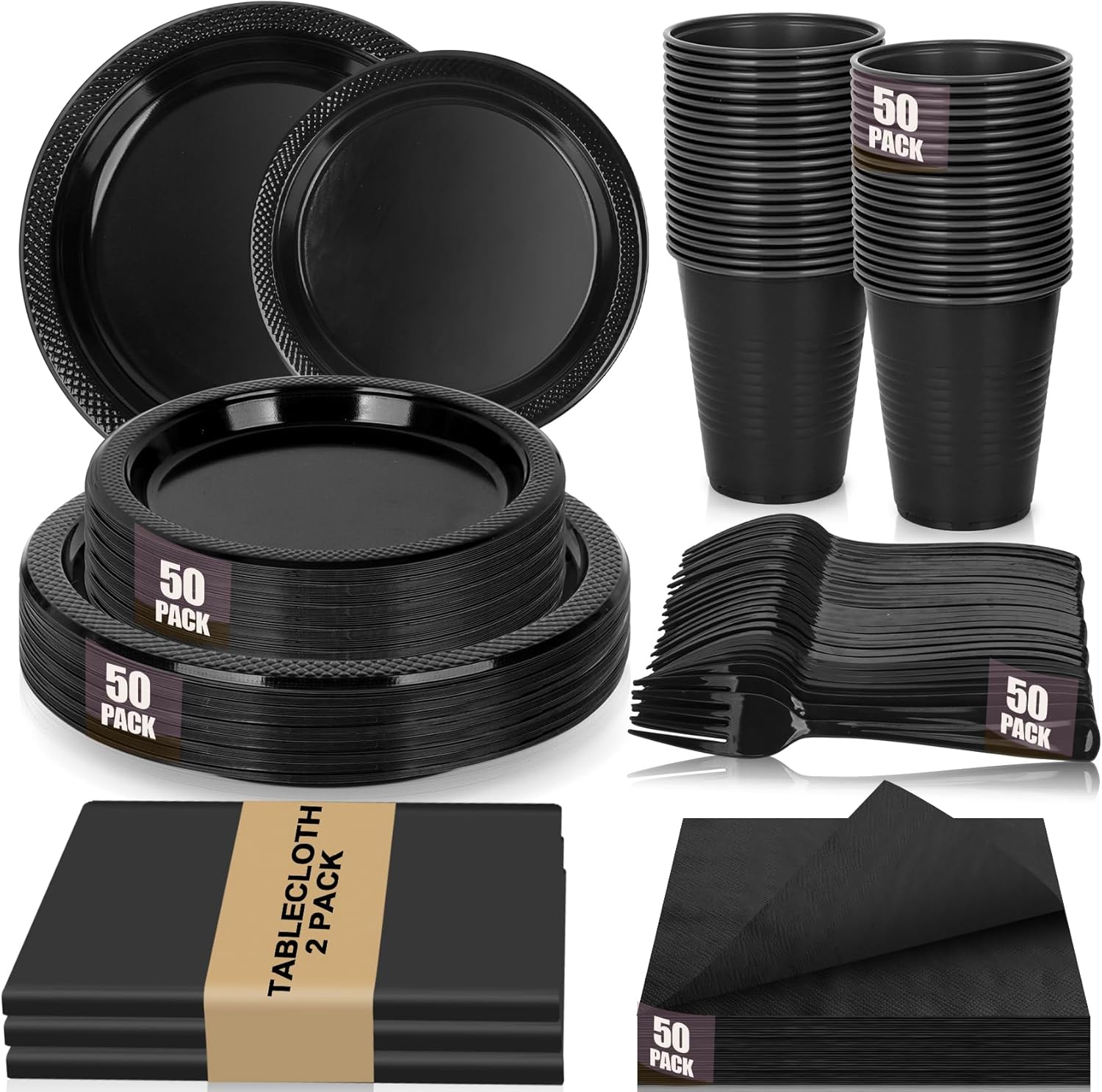 Black Plastic Plates for Party,50 Guest Disposable Plastic Plate Set 9" Plates,7" Dessert Plates,Napkins,Cups,Forks & Tablecloth for Birthday,Halloween,Christmas Parties,Graduations