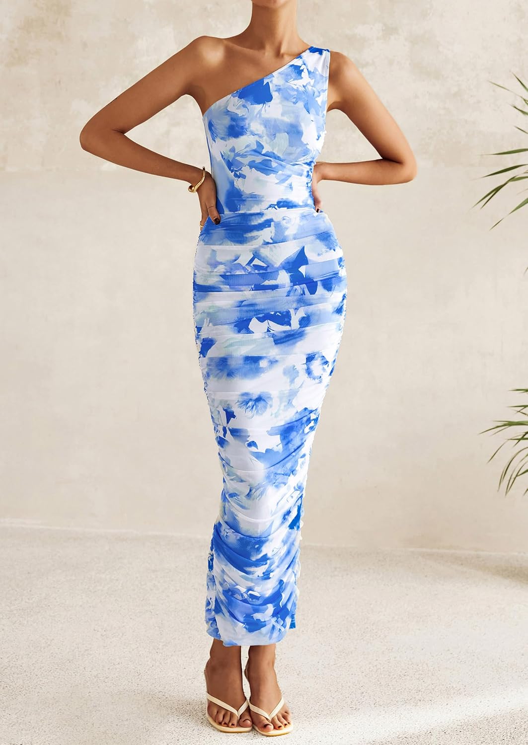 PRETTYGARDEN Women's One Shoulder Bodycon Dresses Summer 2026 Ruched Floral Beach Cocktail Wedding Guest Dress - Image 5