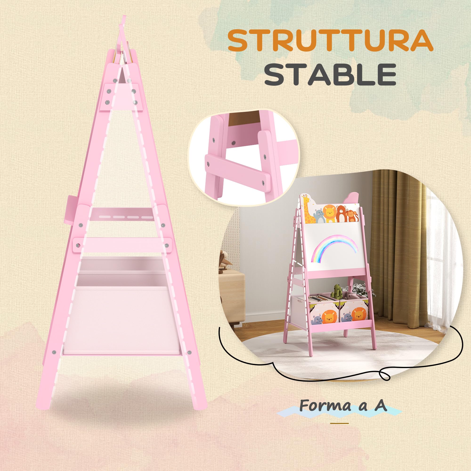 AIYAPLAY Cavalletto Artistico per Bambini 3-8 Anni con Lavagna Bianca, Lavagna Nera e 2 Cestini Contenitori, Cavalletto per Bambini in Legno, 53.5x49x113 cm, Rosa