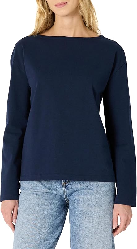 Amazon Essentials Haut à Col Bateau et Manches Longues, Tissu Épais 100% Coton, Coupe Décontractée Femme