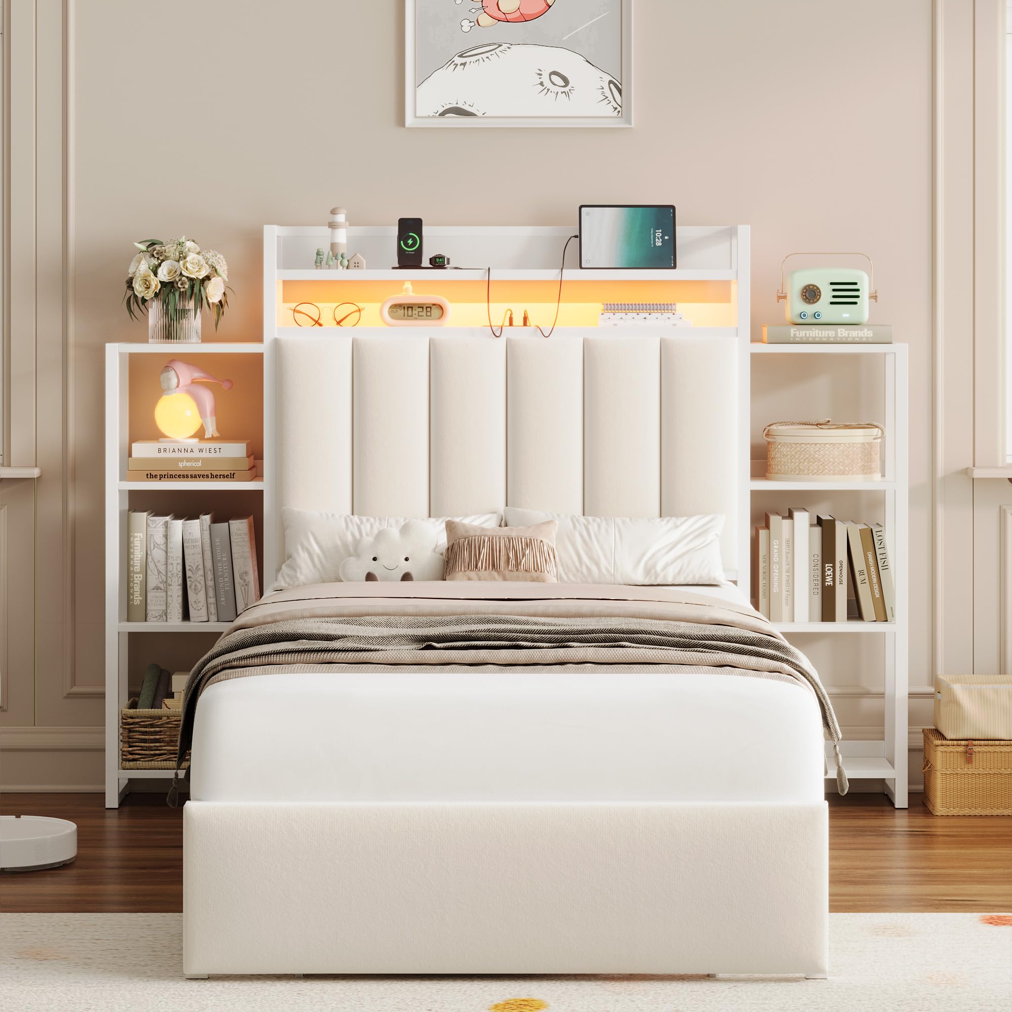 Keyluv Twin Bed Frame with Storage Headboard Charging Station Upholstered LED Platform Bed with Bedside Storage Rack Drawer