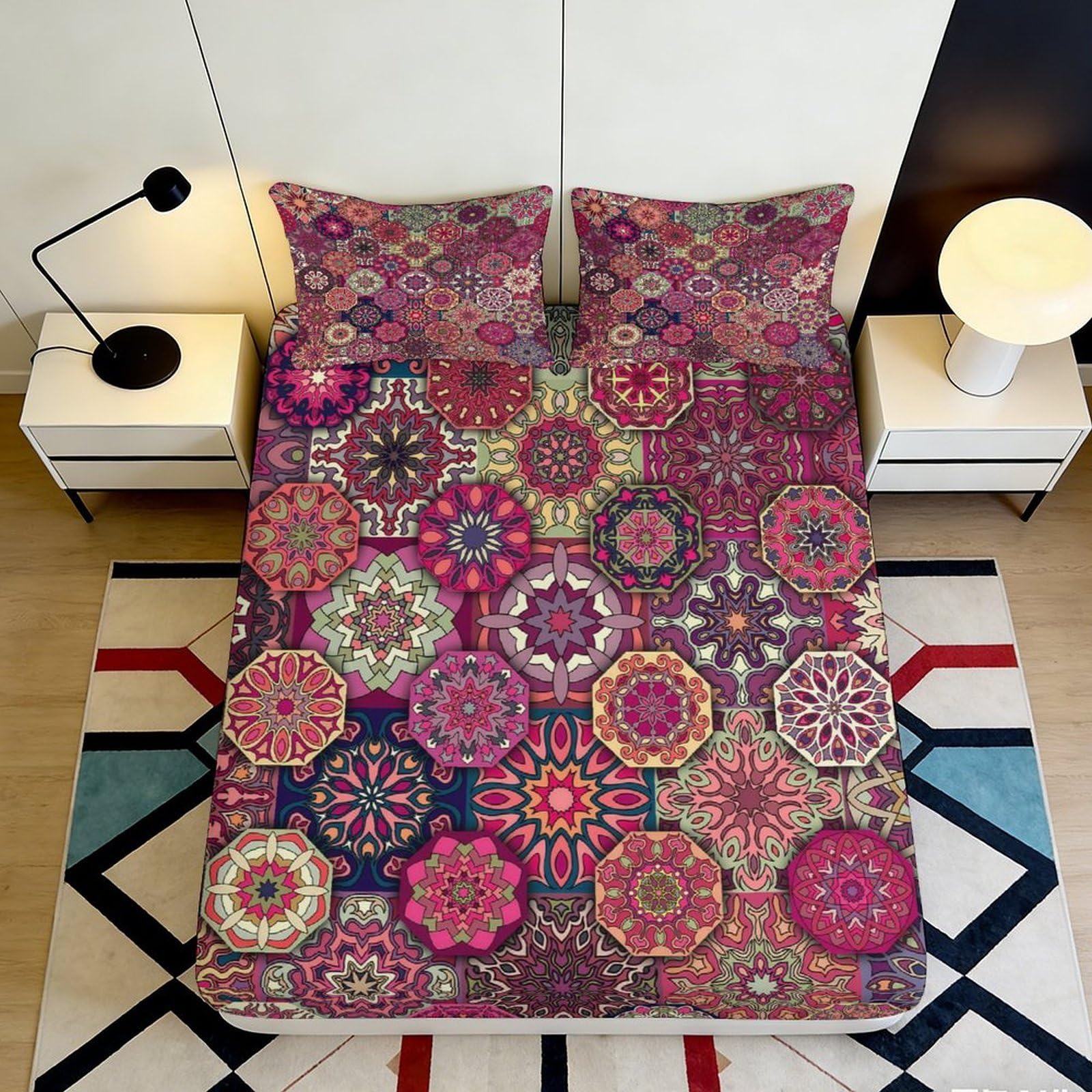 3D Printed Mandala Mosaic Fitted Sheet Microfiber Soft Colorful Boho Bed Sheet for Bedroom Guest Room Mattress Cover 90x200x25cm