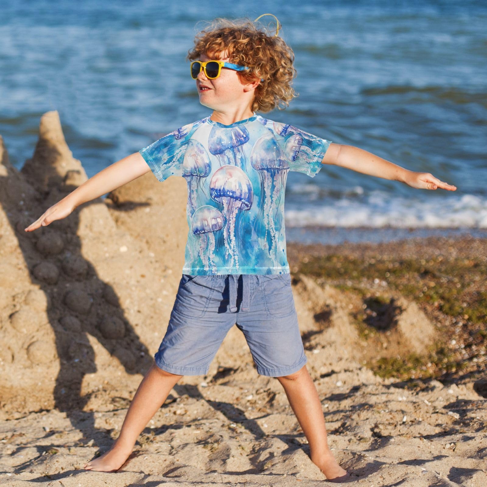 Boys Sun Shirts UV Protection Short Sleeve Rash Guard Swim Shirt Cartoon Jellyfish Water Shirt Rashguard 4T,3