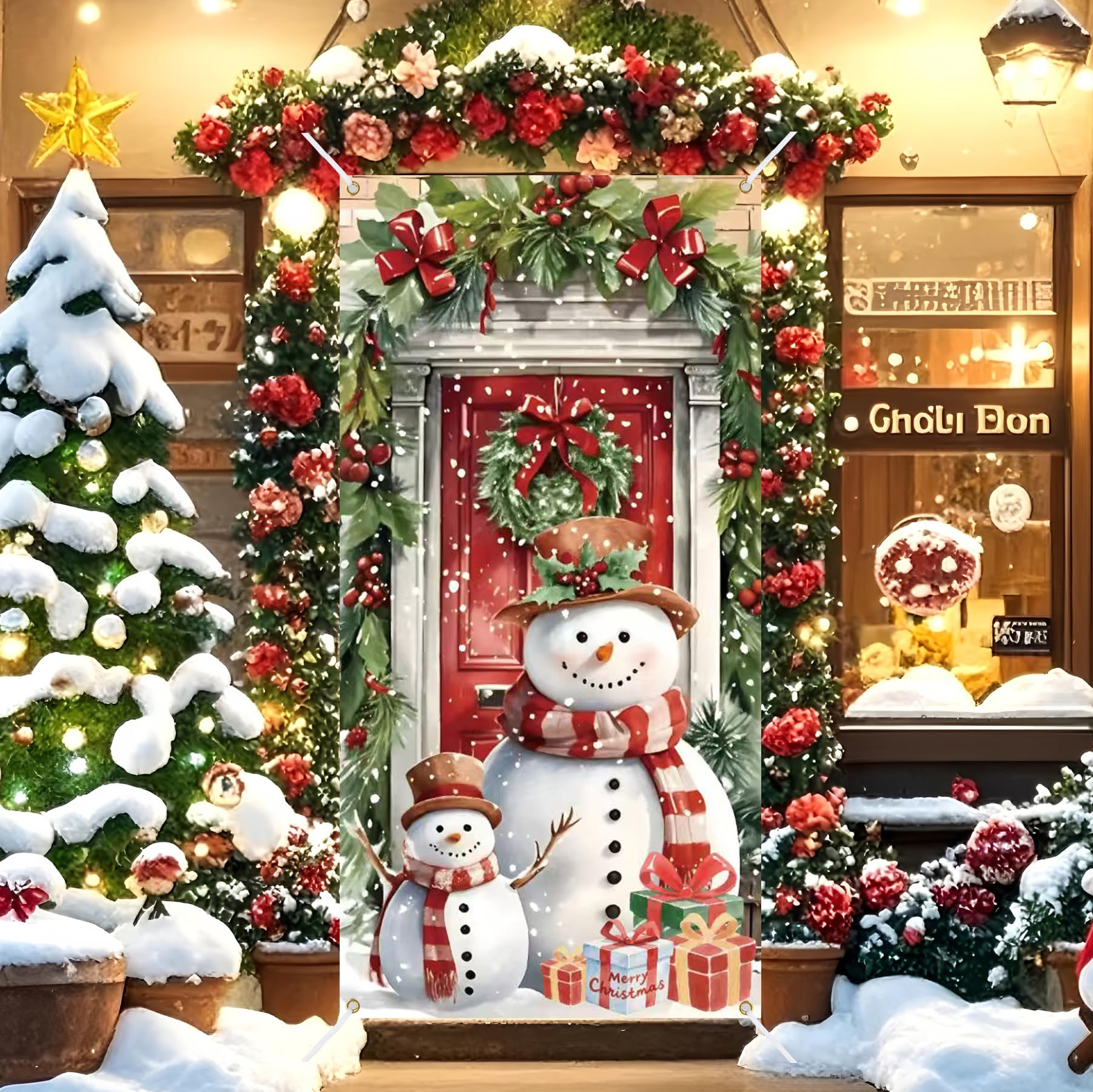 Doofe Snowman Christmas Door Cover Decoration Xmas Door Hanging Covers Christmas Eve Background, 73 X 35.4Inch Front Door Banner, Red Party Decorations Photo Booth For New Year Christmas Decoration