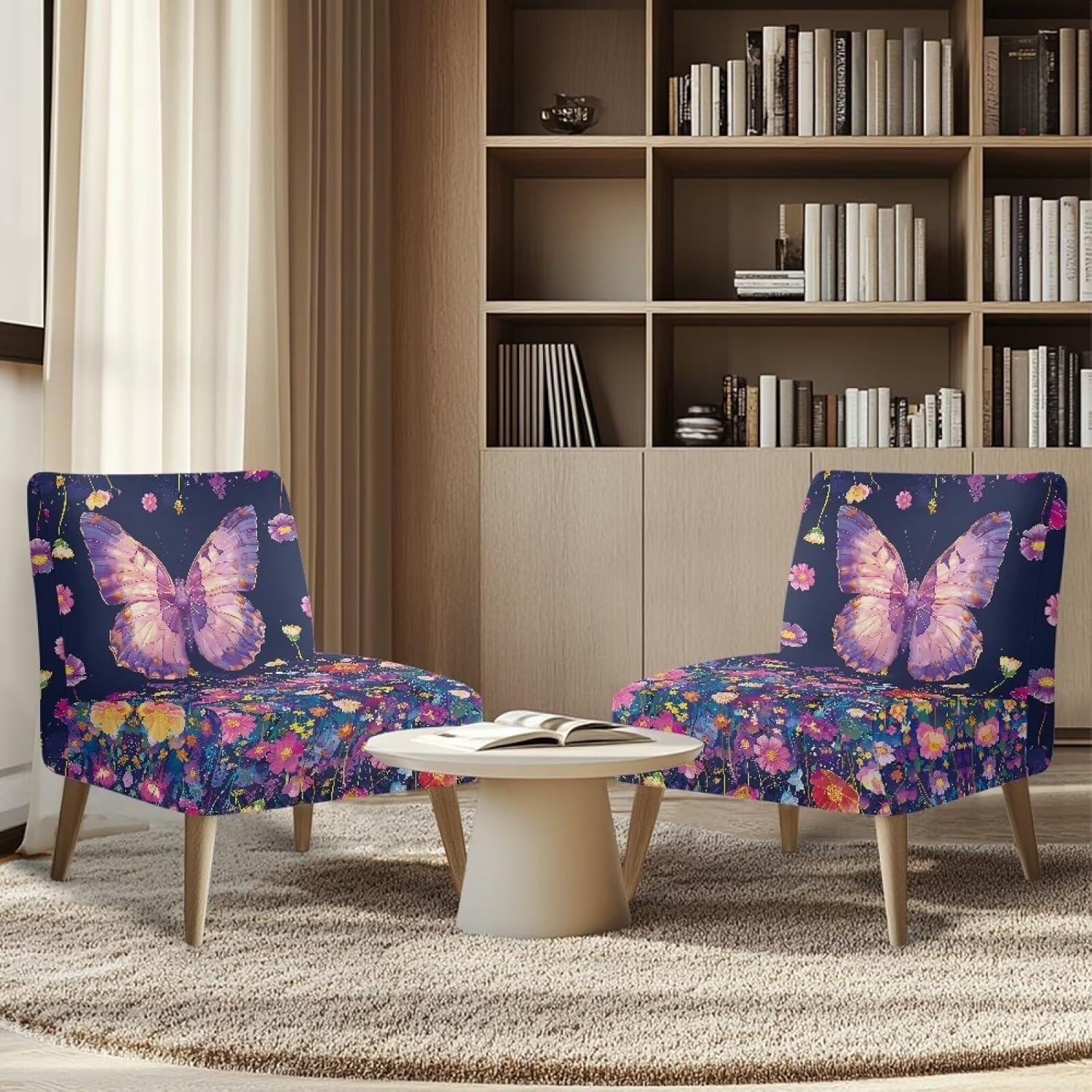 ZOUTAIRONG Purple Butterfly Armelss Accent Chair Cover Wahable Armless Slipper Chair Cover Stretchable Protective Cover Without Arms, Easy to Install